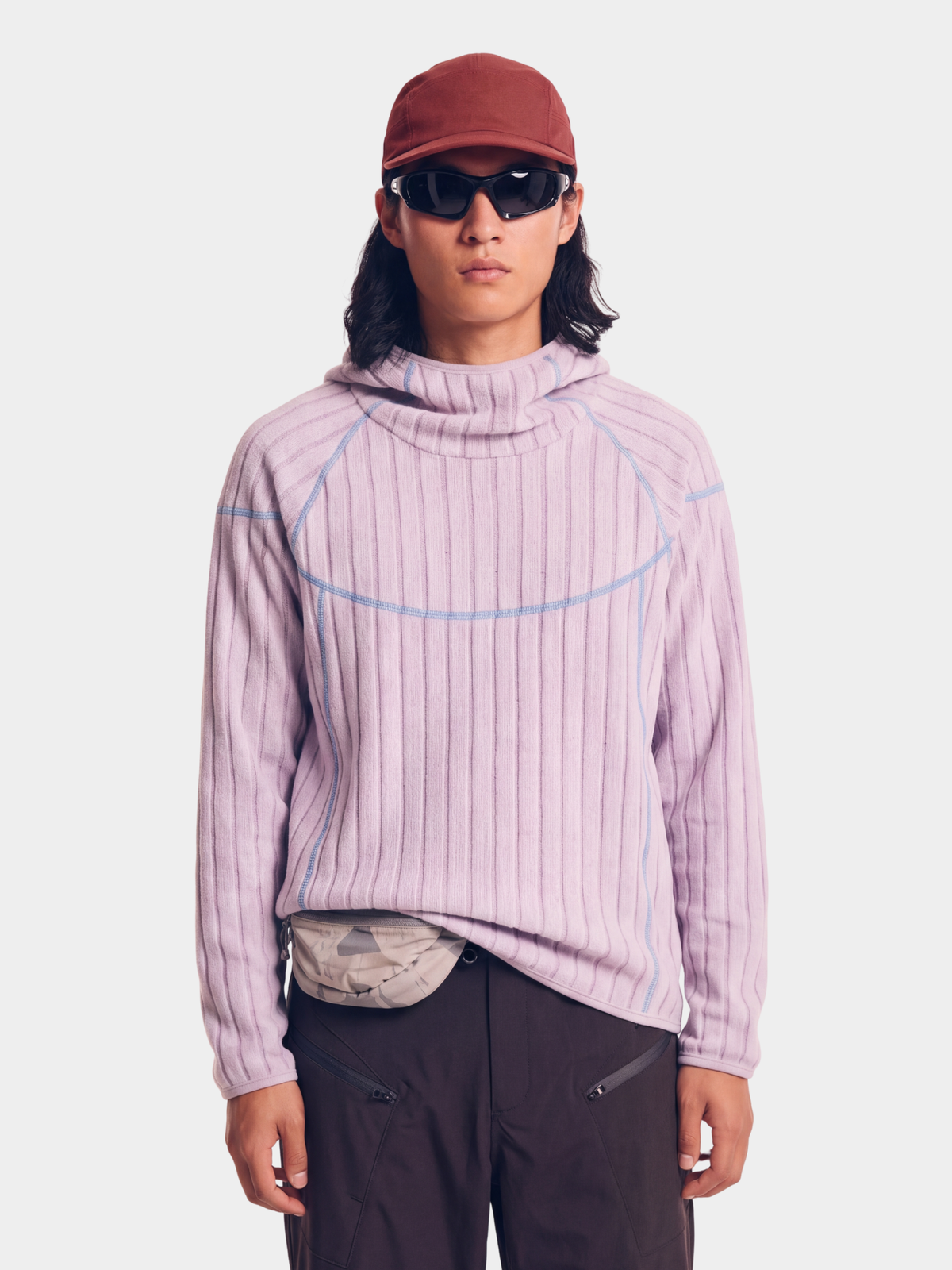 FlipHush - Textured Contrast-Stripe Hooded T-Shirt