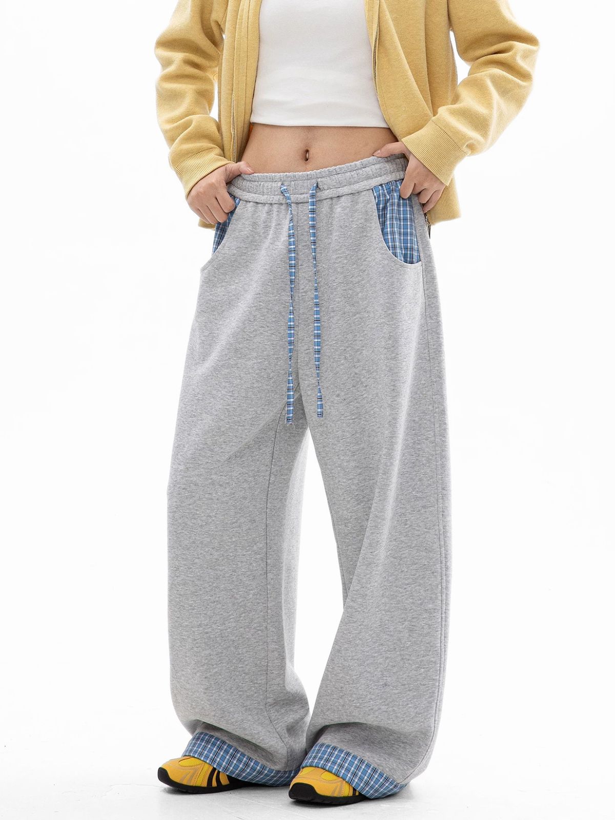 Aldertrek - Unisex Plaid-Panel Baggy Straight-Leg Sweatpants