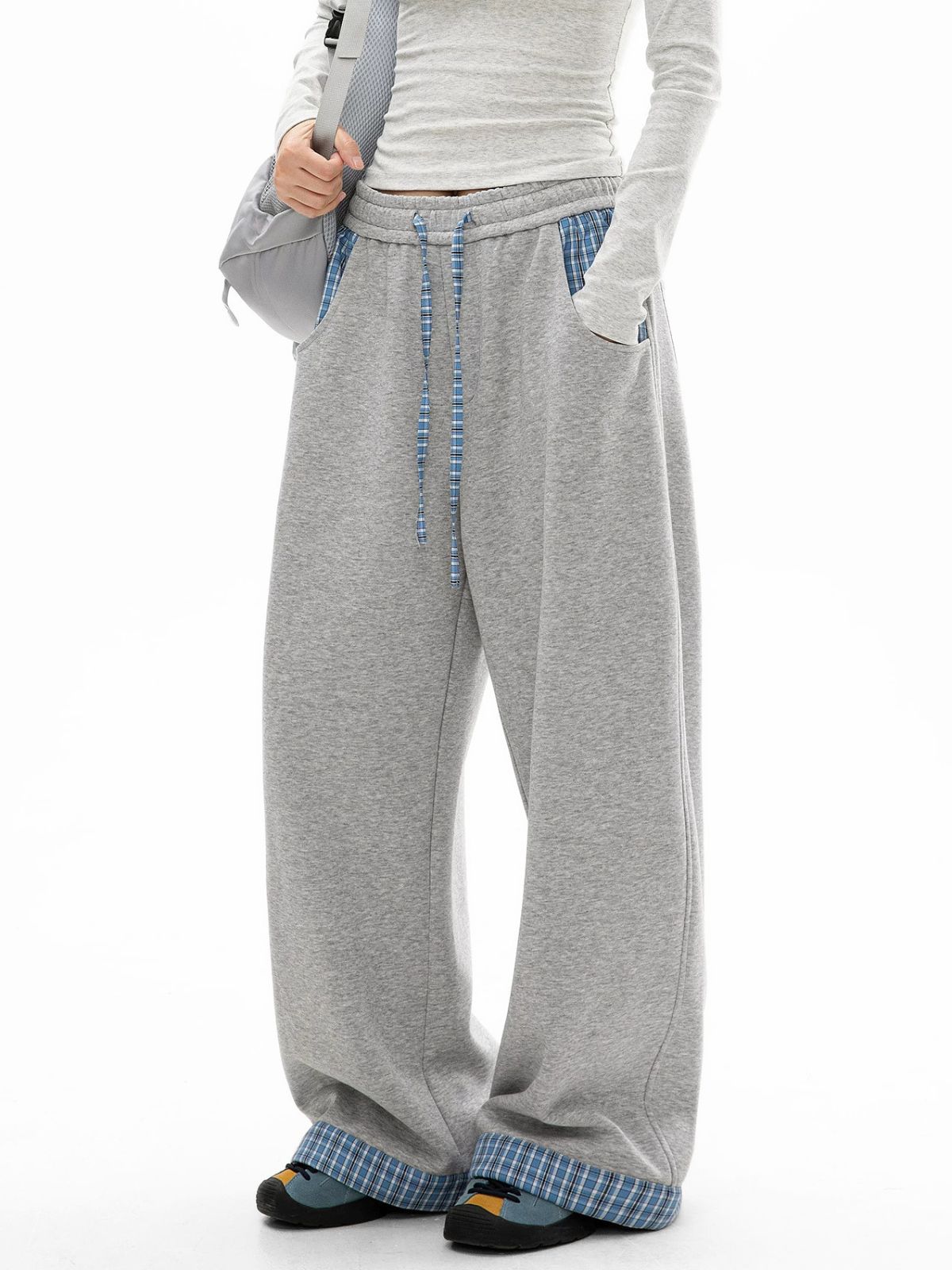 Aldertrek - Unisex Plaid-Panel Baggy Straight-Leg Sweatpants