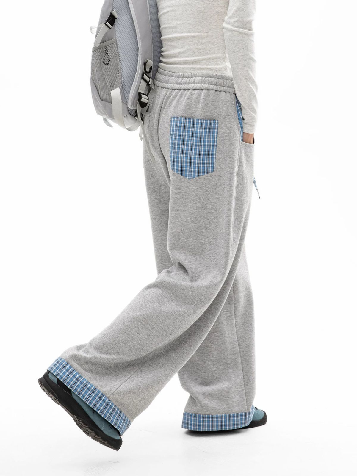 Aldertrek - Unisex Plaid-Panel Baggy Straight-Leg Sweatpants