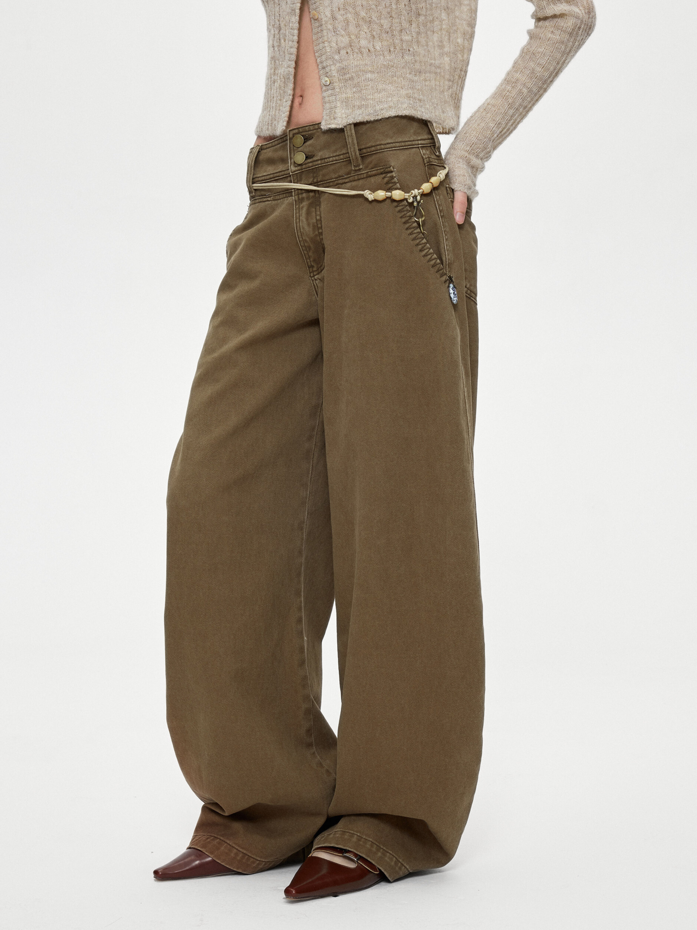 Ashgap - Women's Dual-Button Twill Cotton Curved-Leg Pants