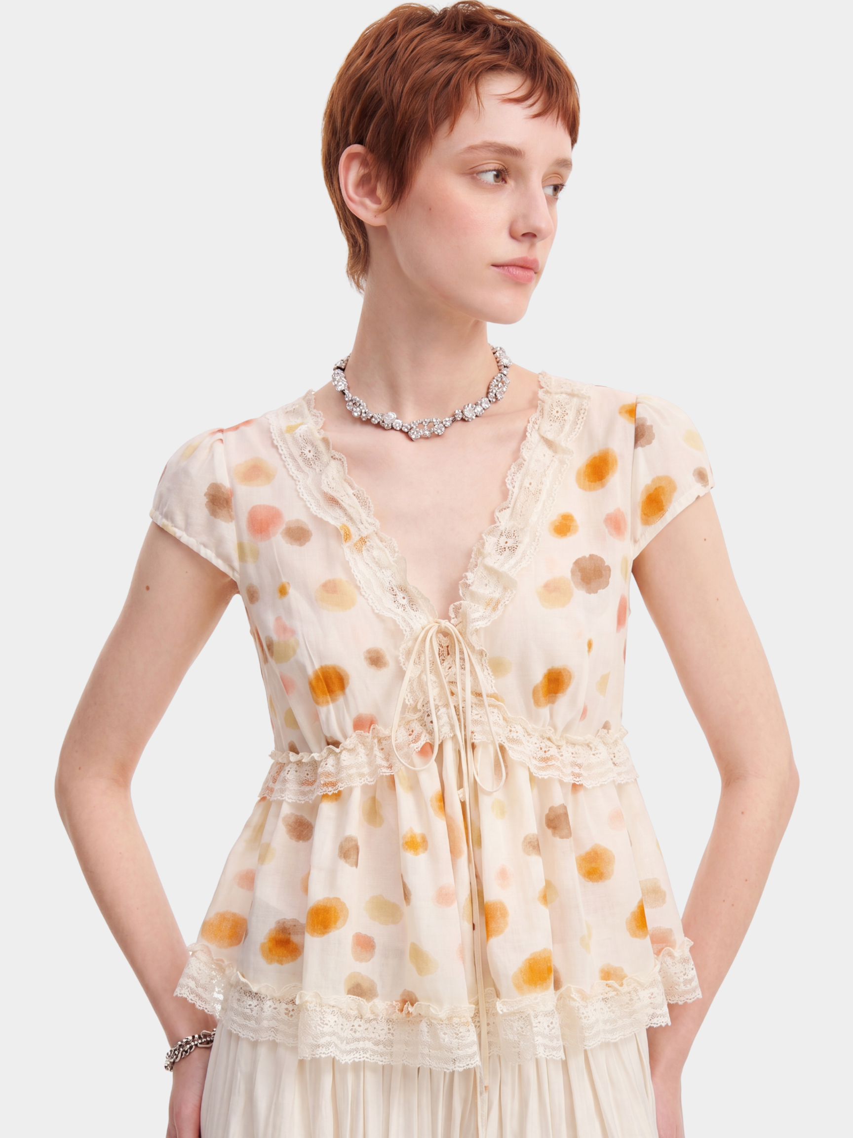 DawnSway - Women's Lyocell Linen Lace Trim V-Neck Top