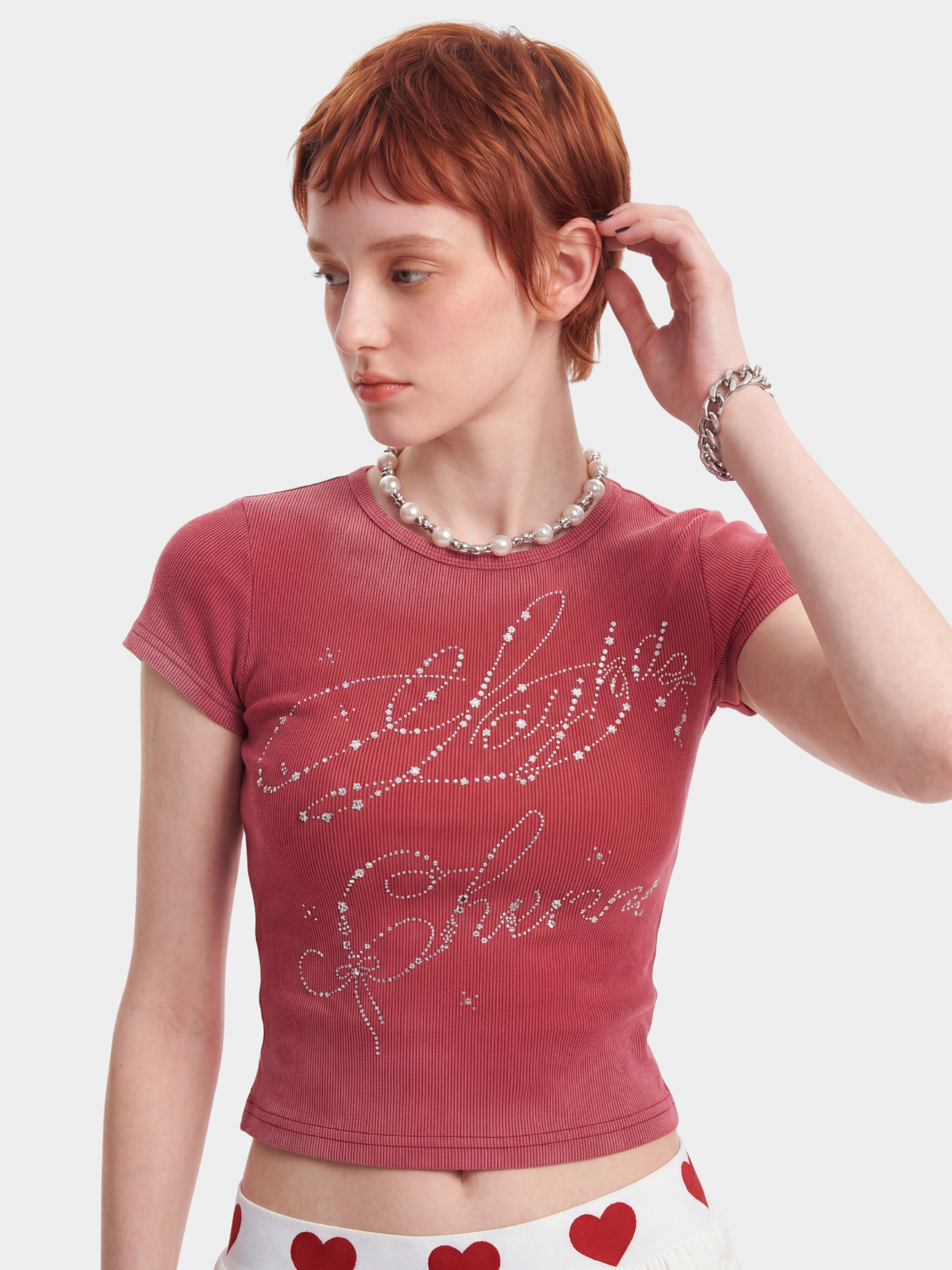 GlitzTee - Women's Gradient Washed Rhinestone Letter Crew Neck Top