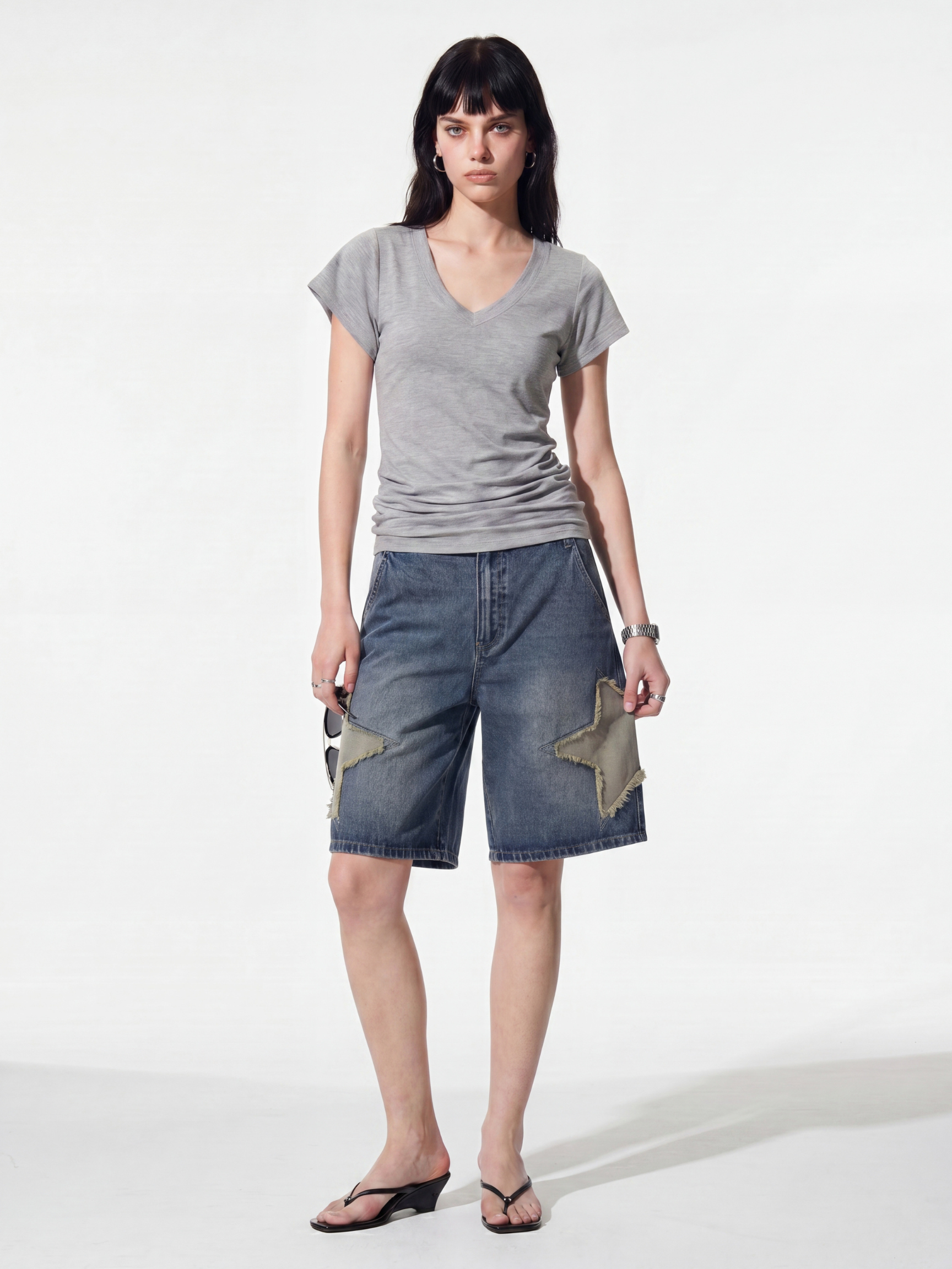StarStitch - Women's Star Embroidered Denim Bermuda Shorts