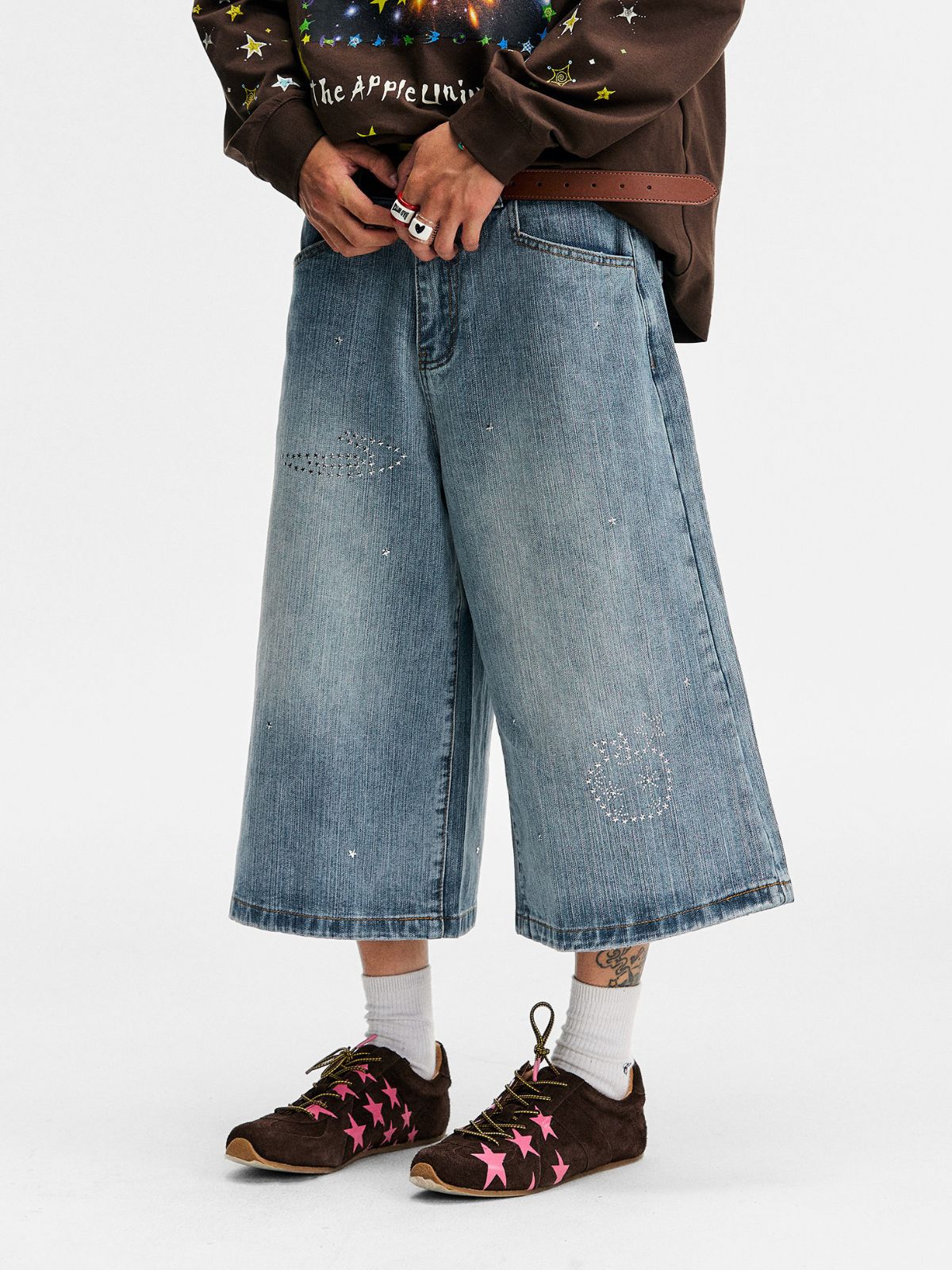Mudcrack - Unisex Breathable Rhinestone Star Washed Denim Jeans