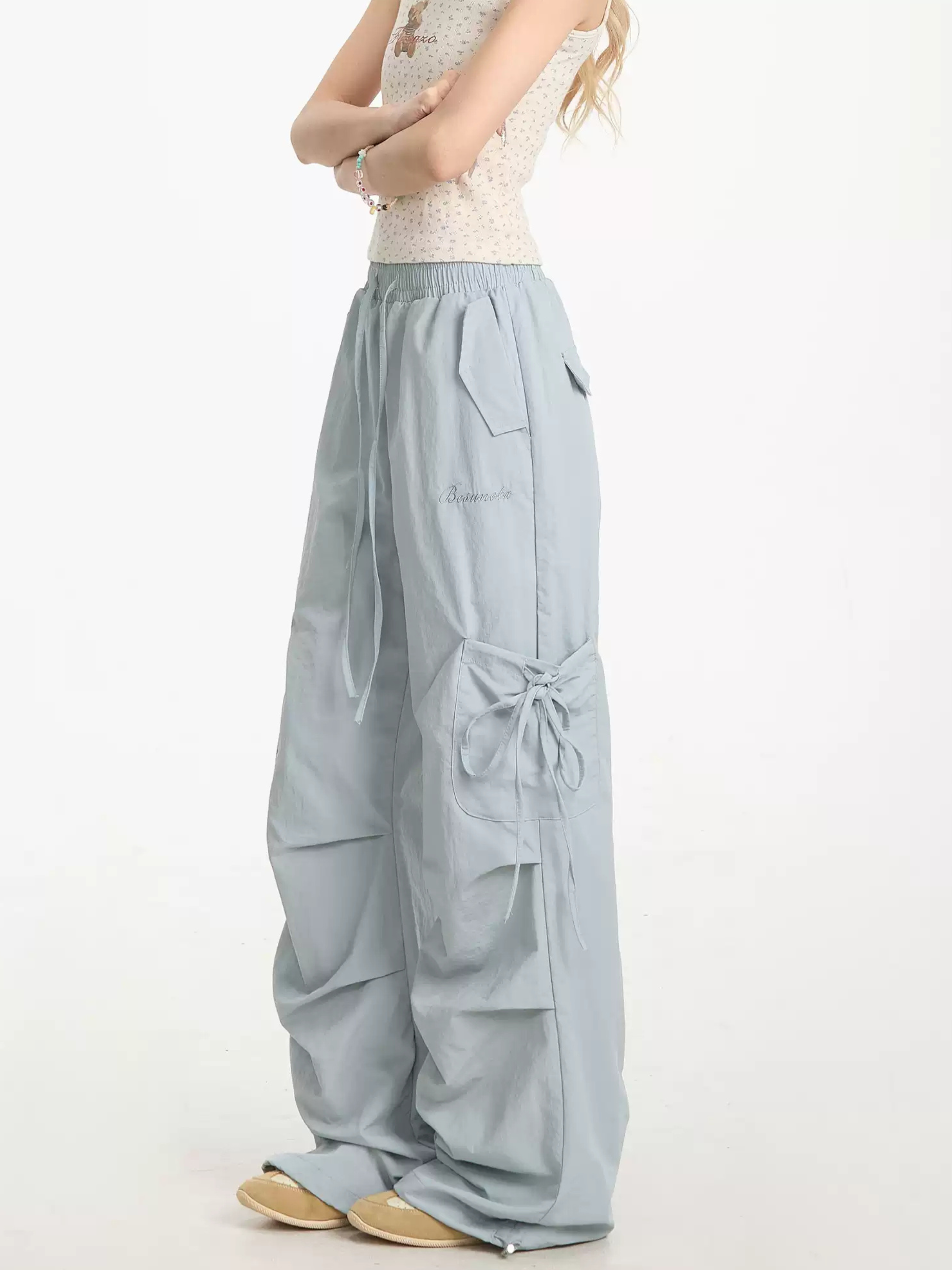 Aquarun - Women's Bow-Tie Strap Pleated Cargo Pants