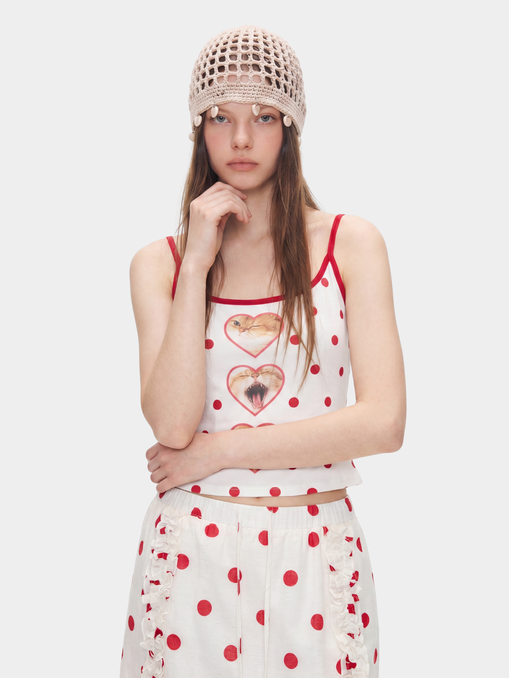 SugarRush - Women's Polka Dot Cat Print Cropped Tank Top