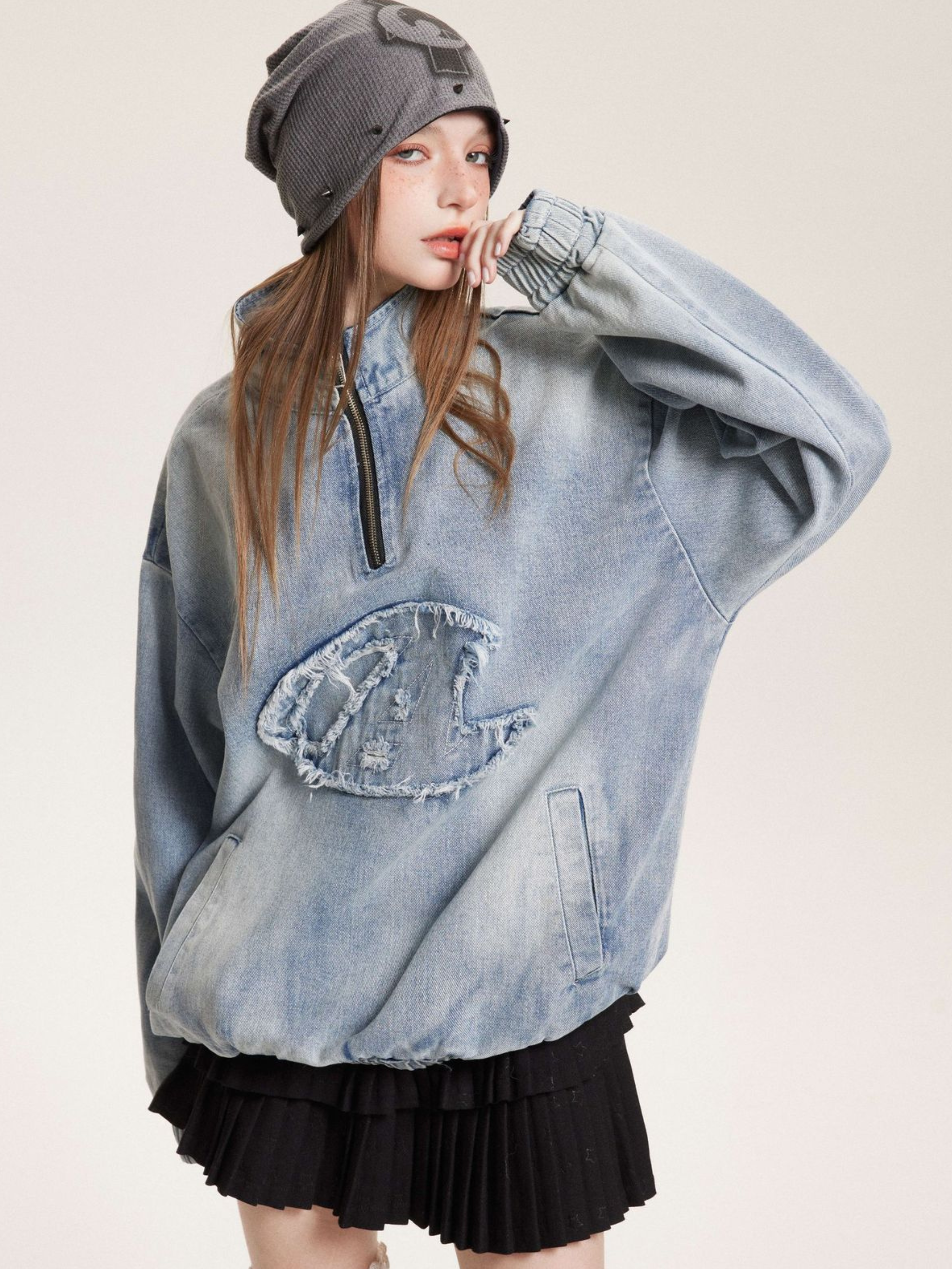 GorgeNest - Unisex Patchwork Half-Zip Denim Pullover Hoodie