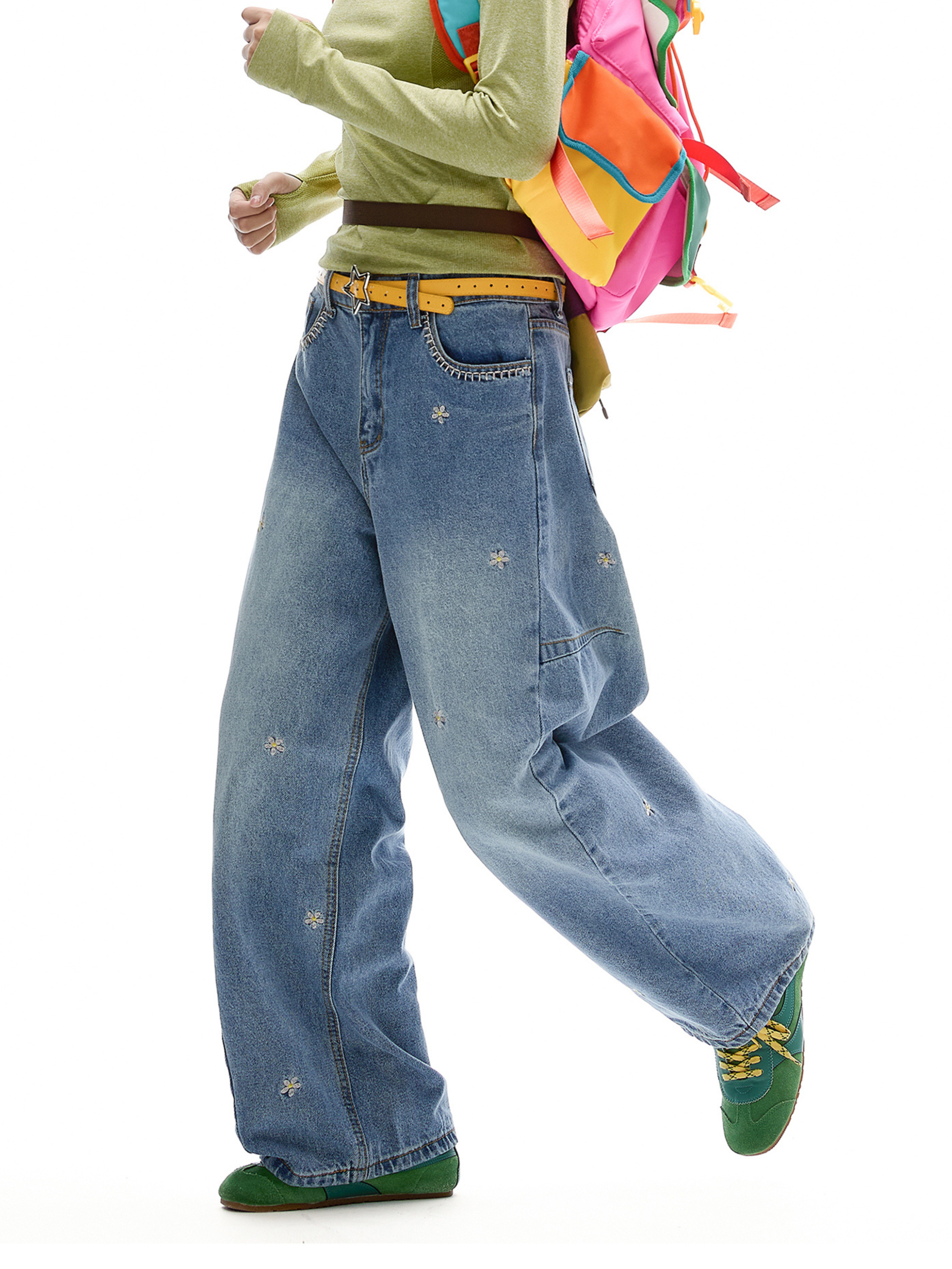 Wildheart - Women's Floral Embroidered Wide-Leg Washed Jeans