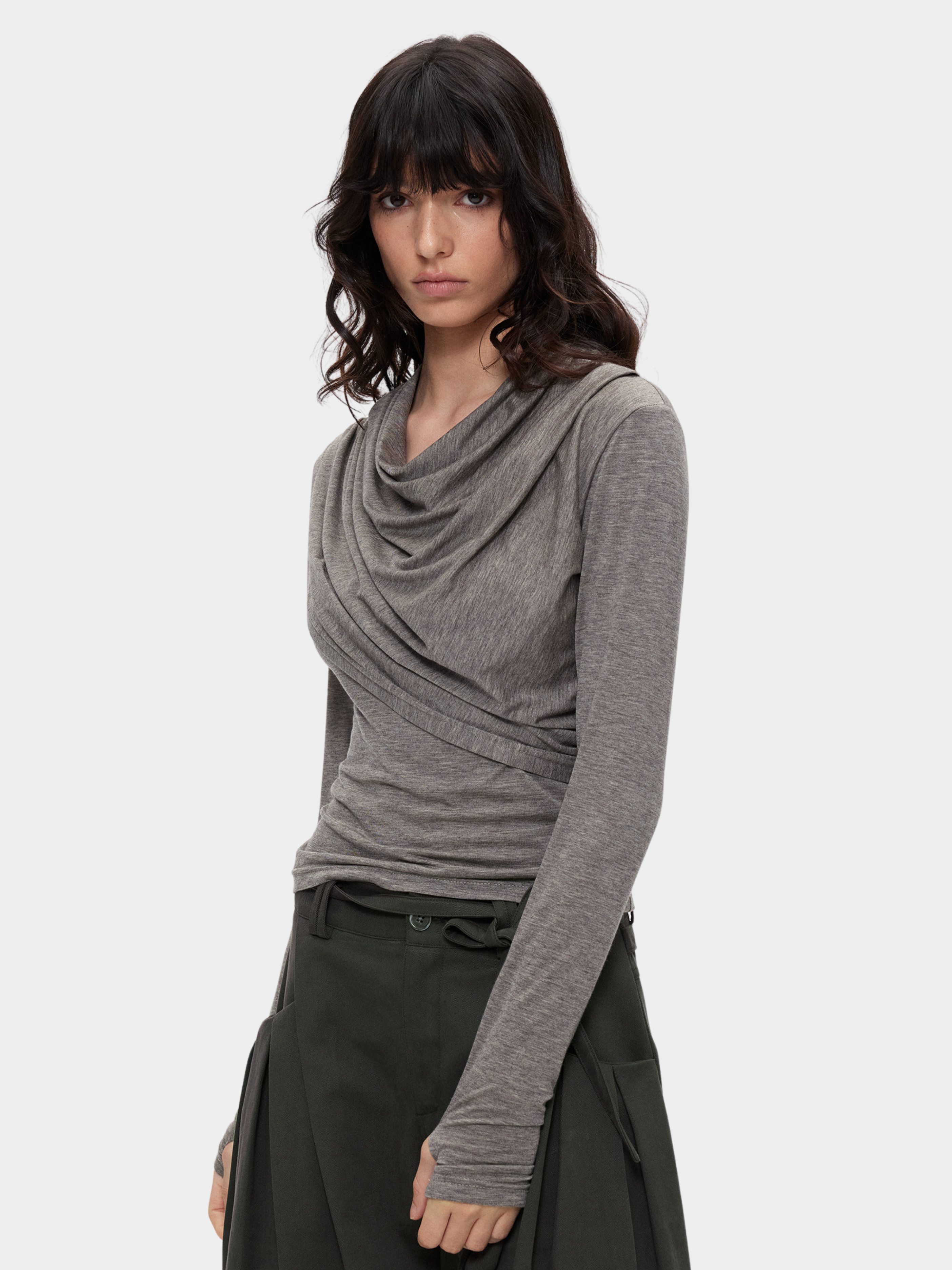 Ashfall - Women's TENCEL™ Wool Asymmetrical Cowl-Neck Long Sleeve