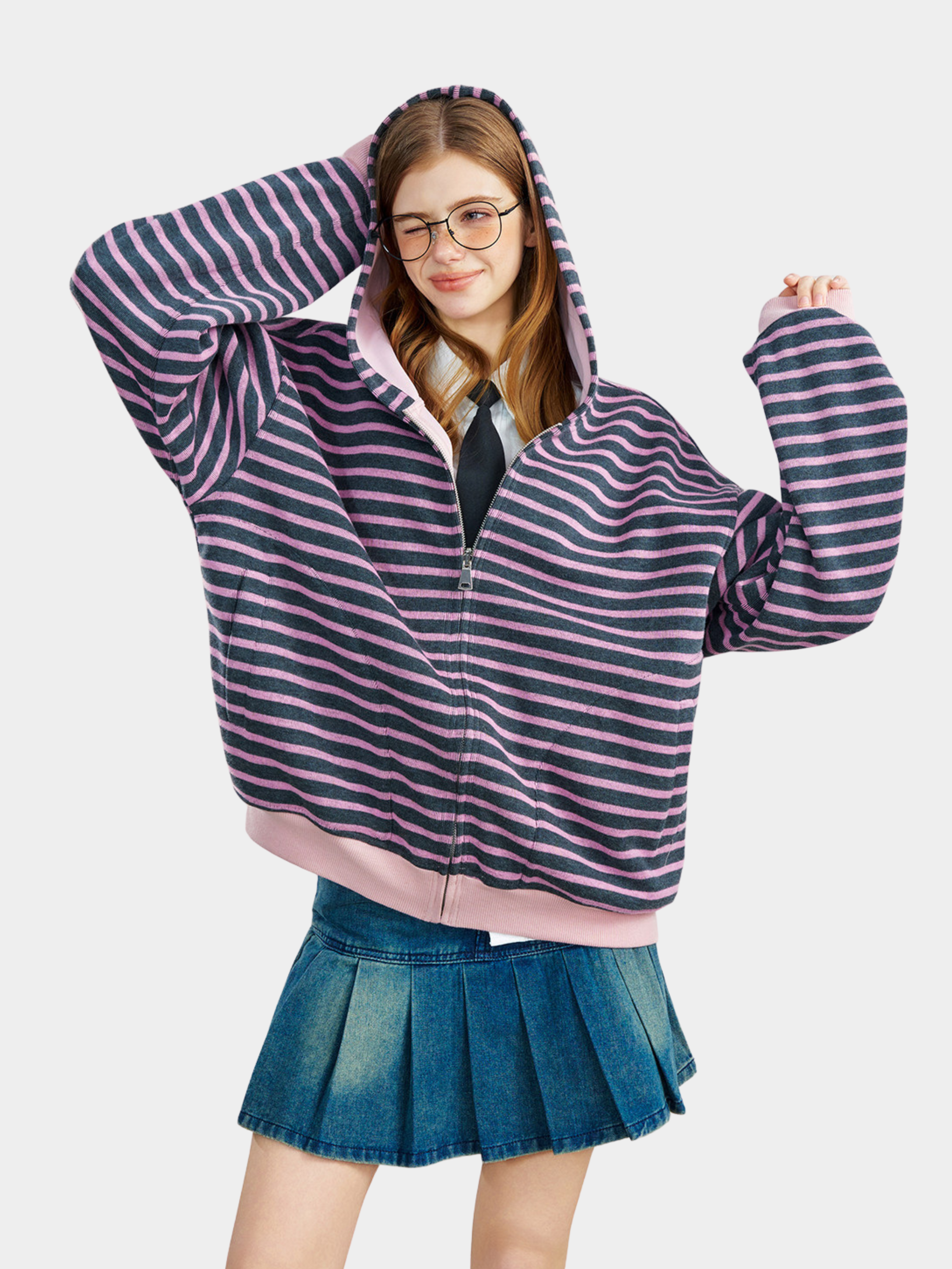 Ashrise - Unisex Striped Color-Block Hooded Zip-Up Sweatshirt