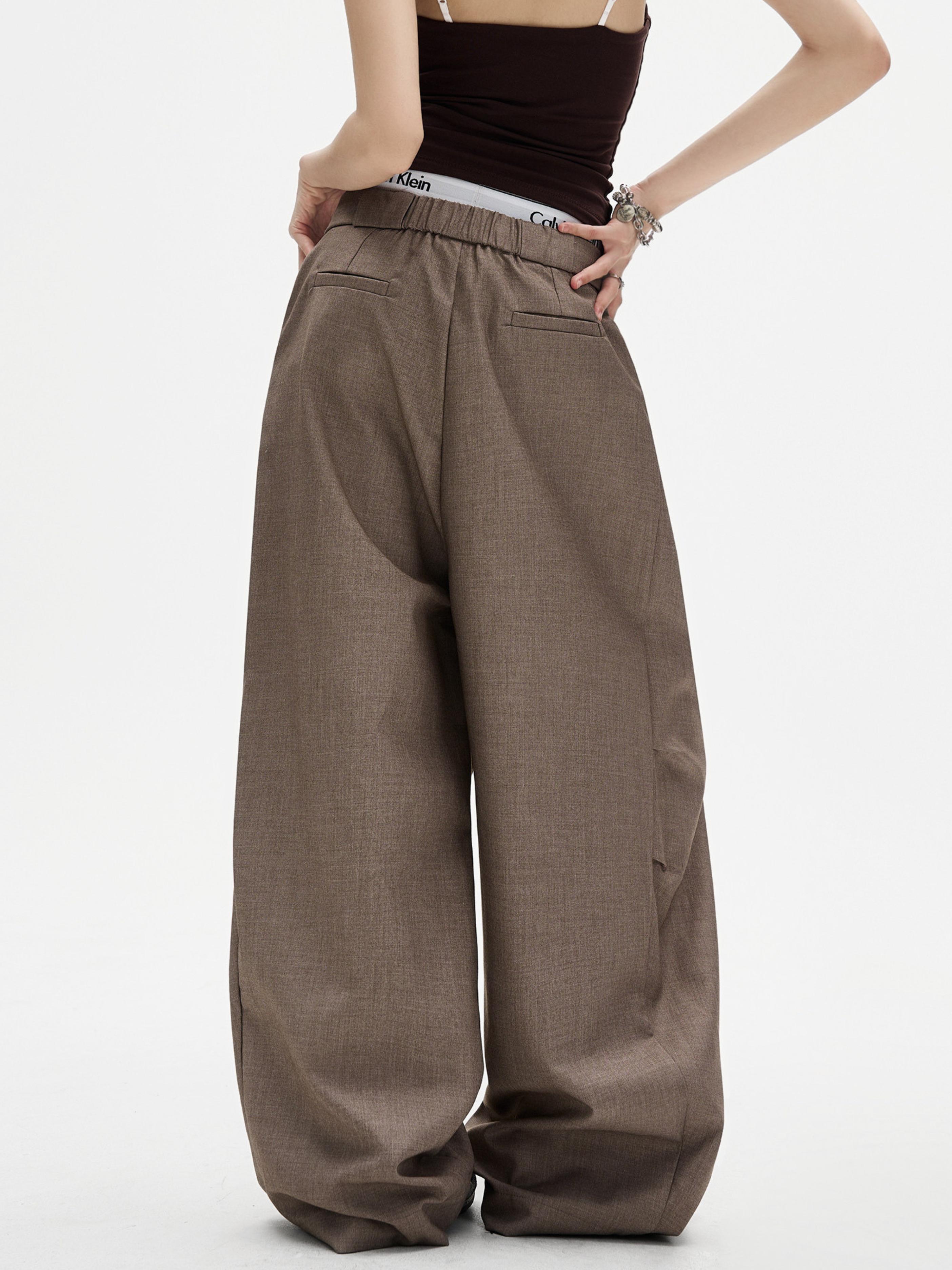 Ashshine - Women's Pleated Drawstring Waist Wide-Leg Tailored Pants