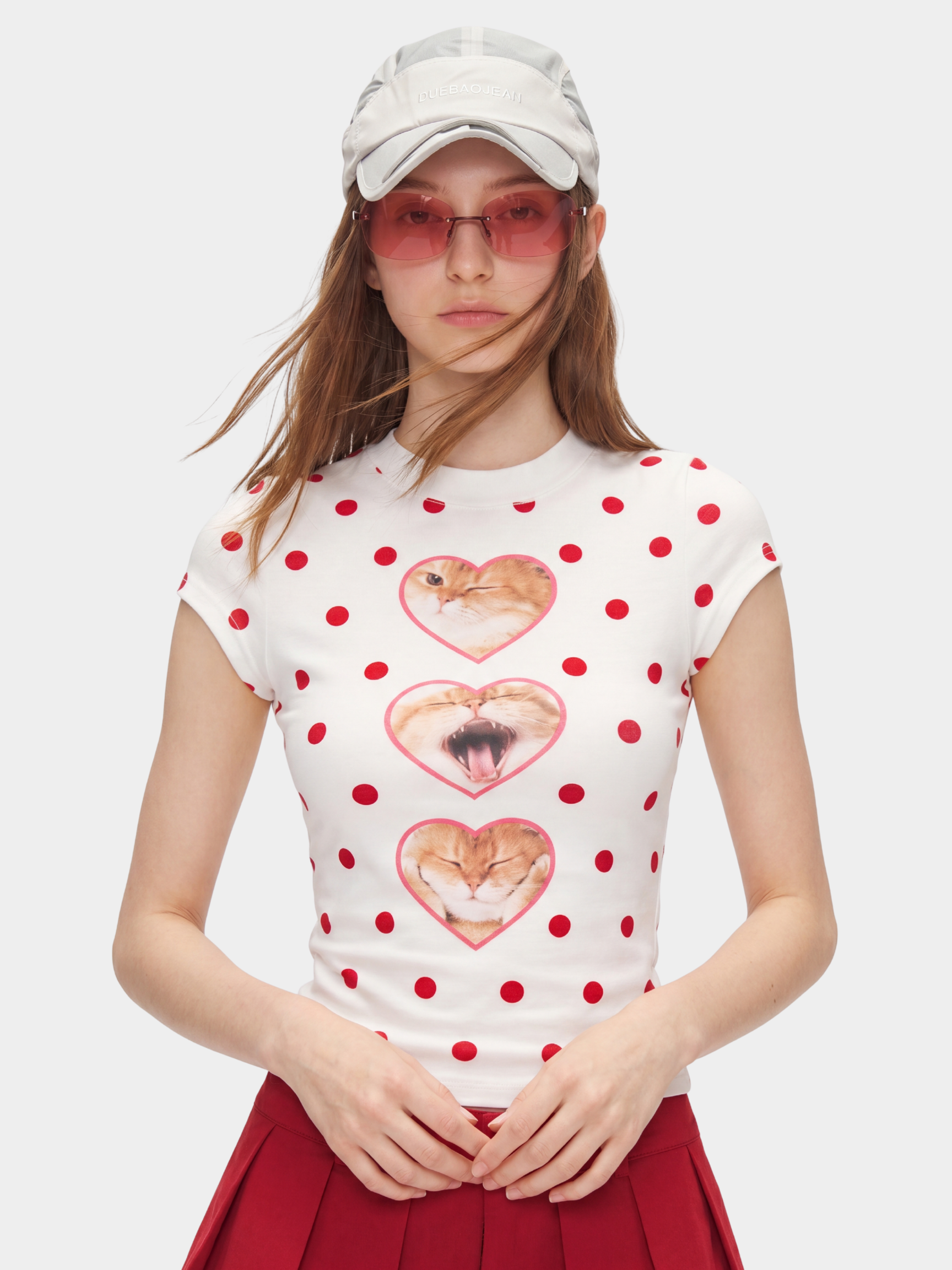 PopTart - Women's Polka Dot Cat Print Fitted Cropped T-Shirt