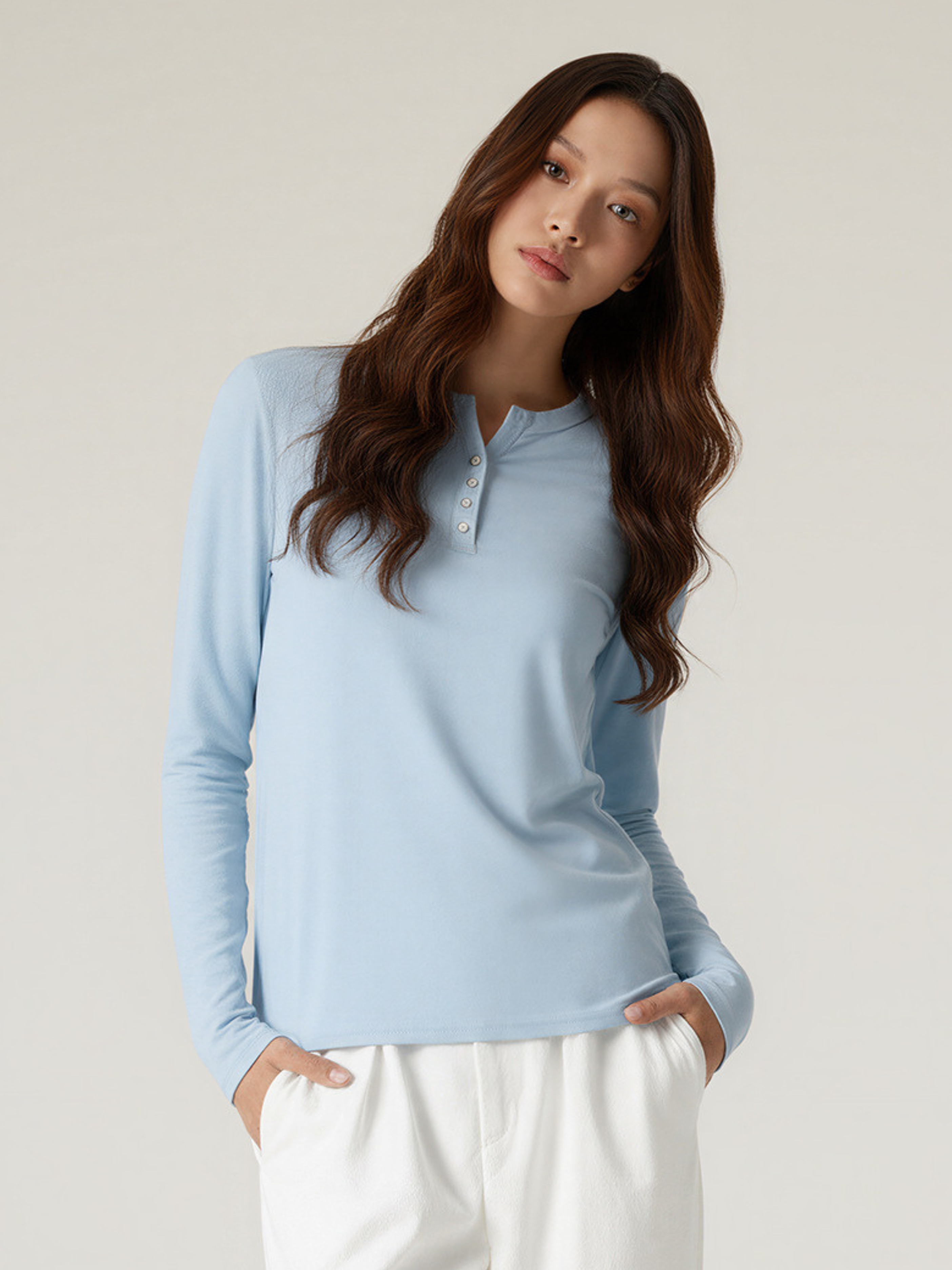Ashford - Women's TENCEL™ Henley Neck Slim-Fit Long Sleeve Tee