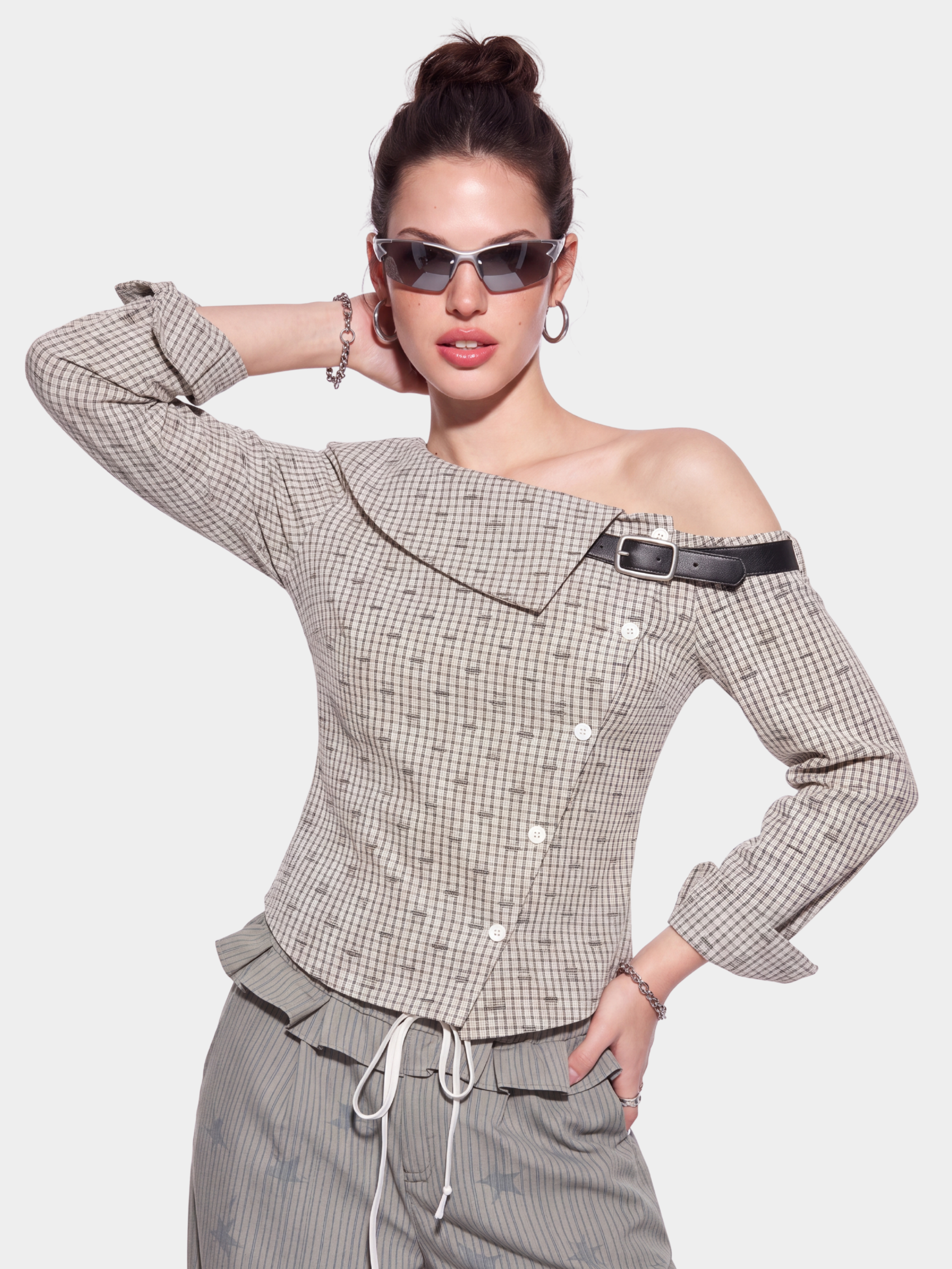 Tartan - Women's Plaid One-Shoulder Fitted Cotton Top