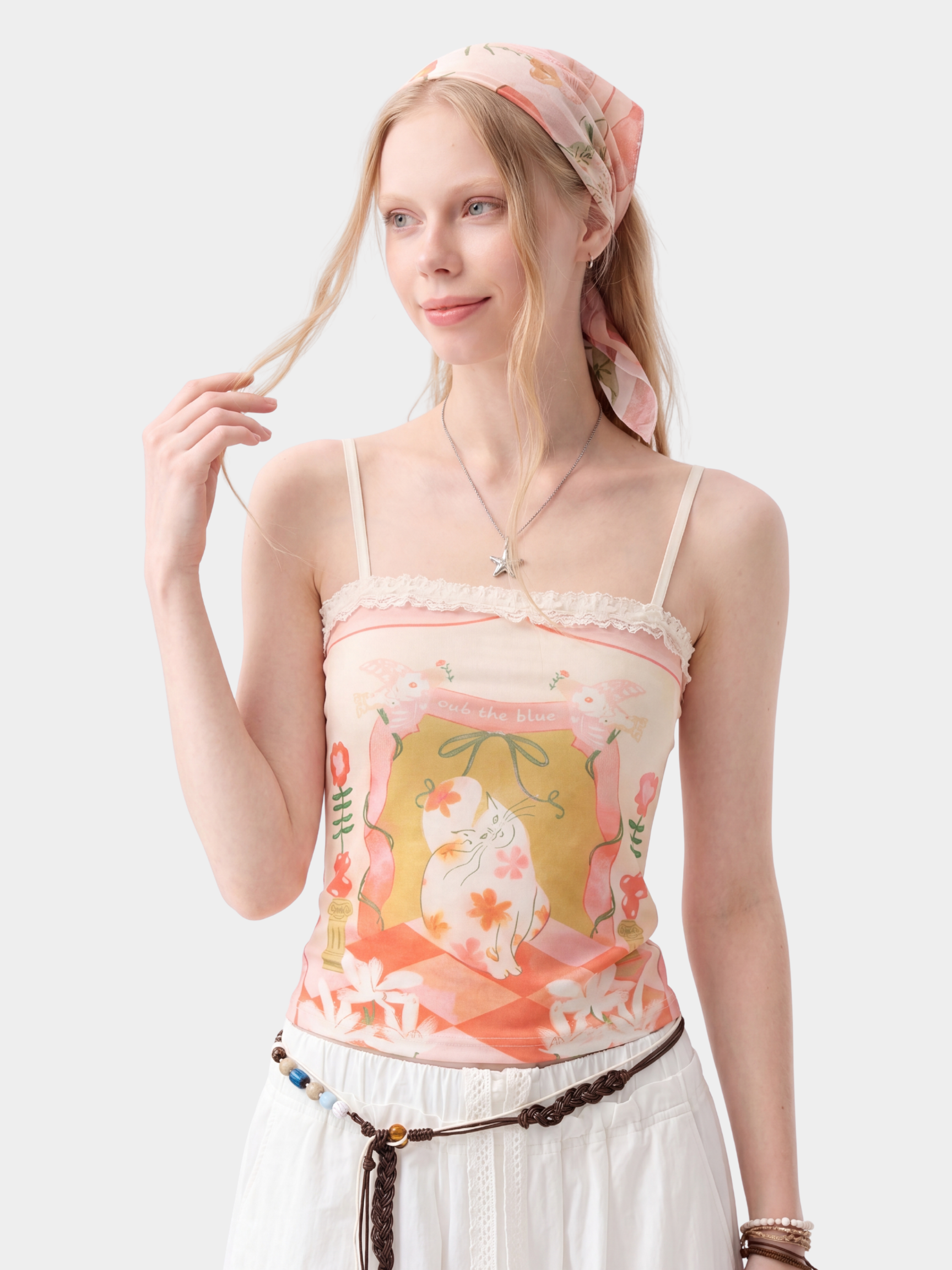 CherryGlow - Women's Floral Cat Print Lace Trim Cami Top