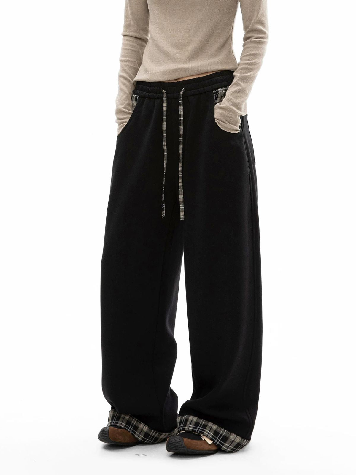 Aldertrek - Unisex Plaid-Panel Baggy Straight-Leg Sweatpants