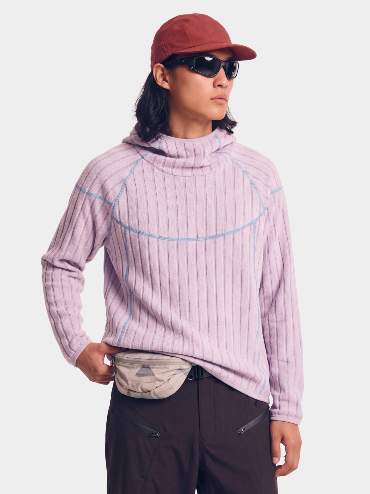 FlipHush - Textured Contrast-Stripe Hooded T-Shirt