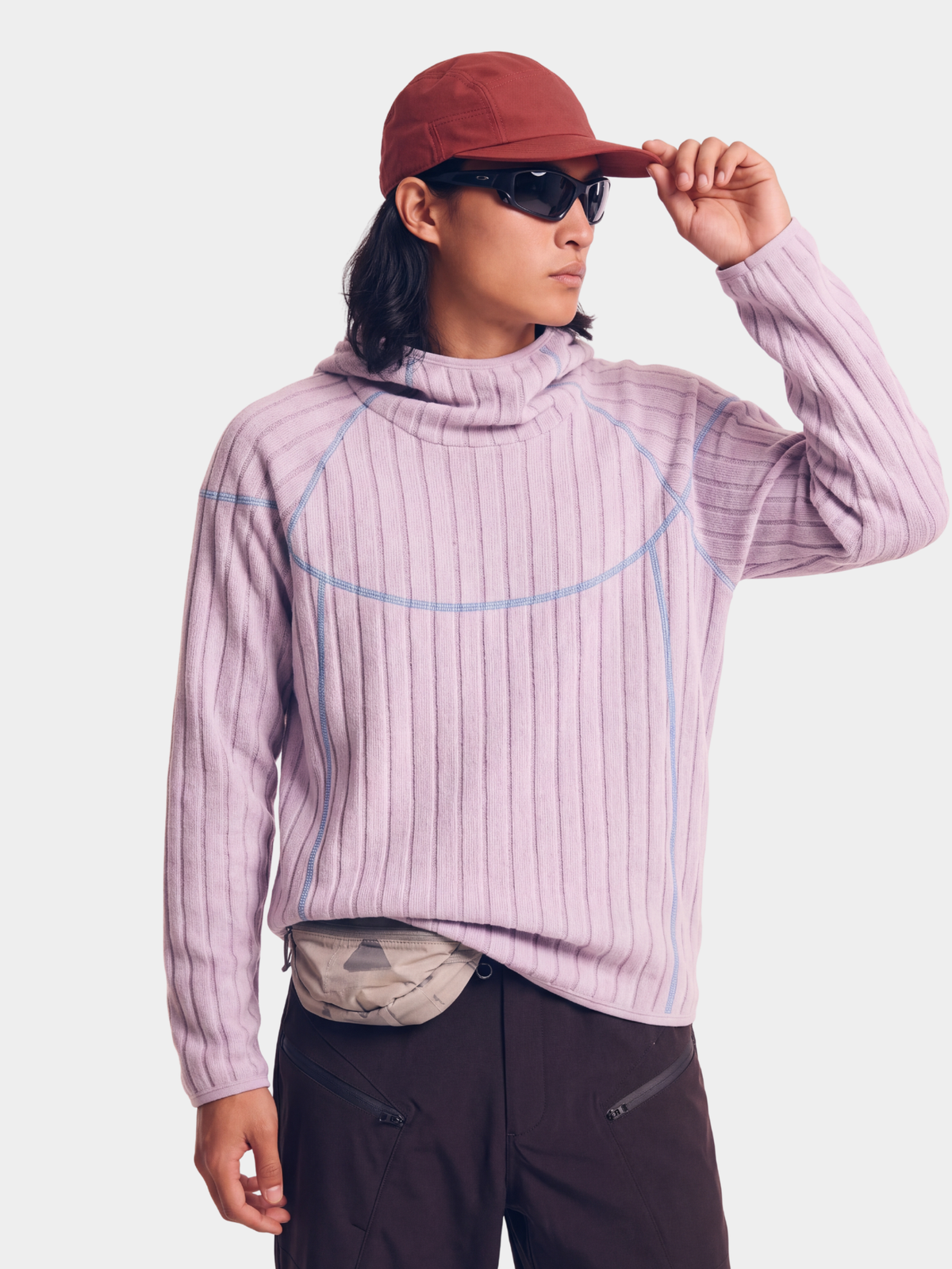 FlipHush - Textured Contrast-Stripe Hooded T-Shirt