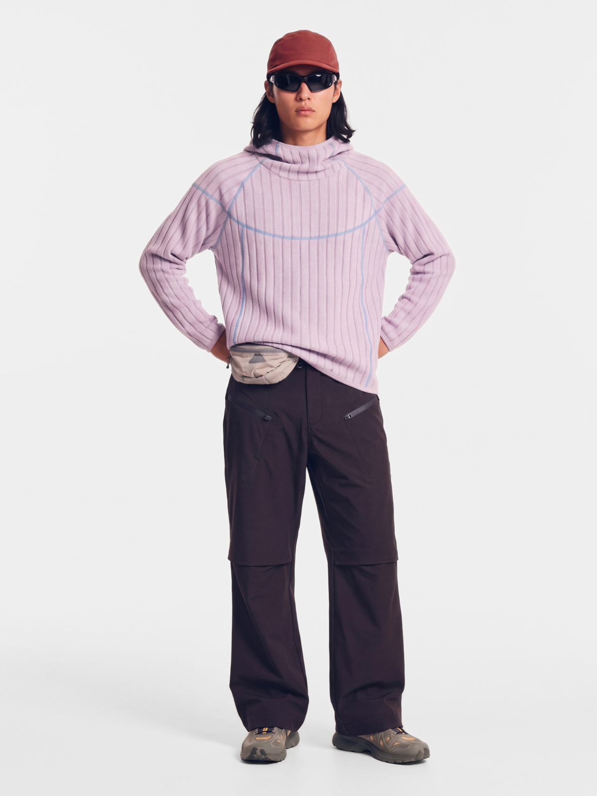 FlipHush - Textured Contrast-Stripe Hooded T-Shirt