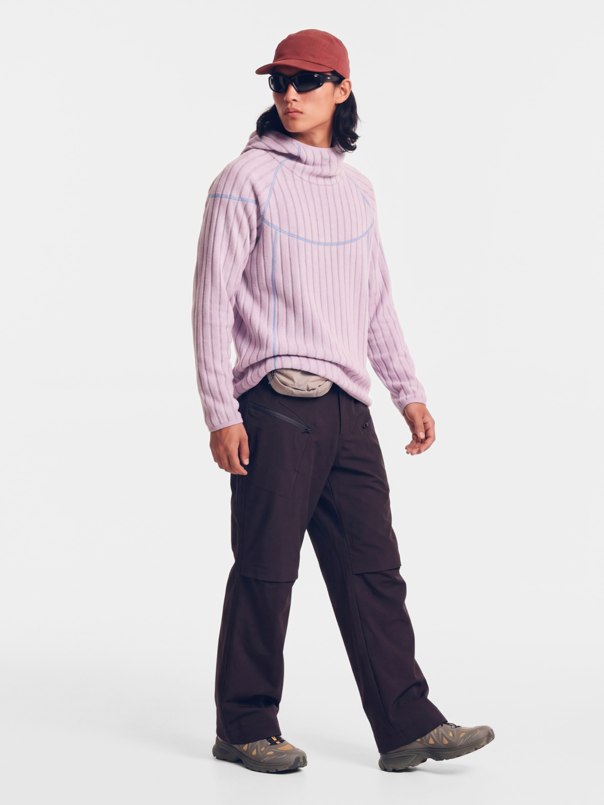 FlipHush - Textured Contrast-Stripe Hooded T-Shirt