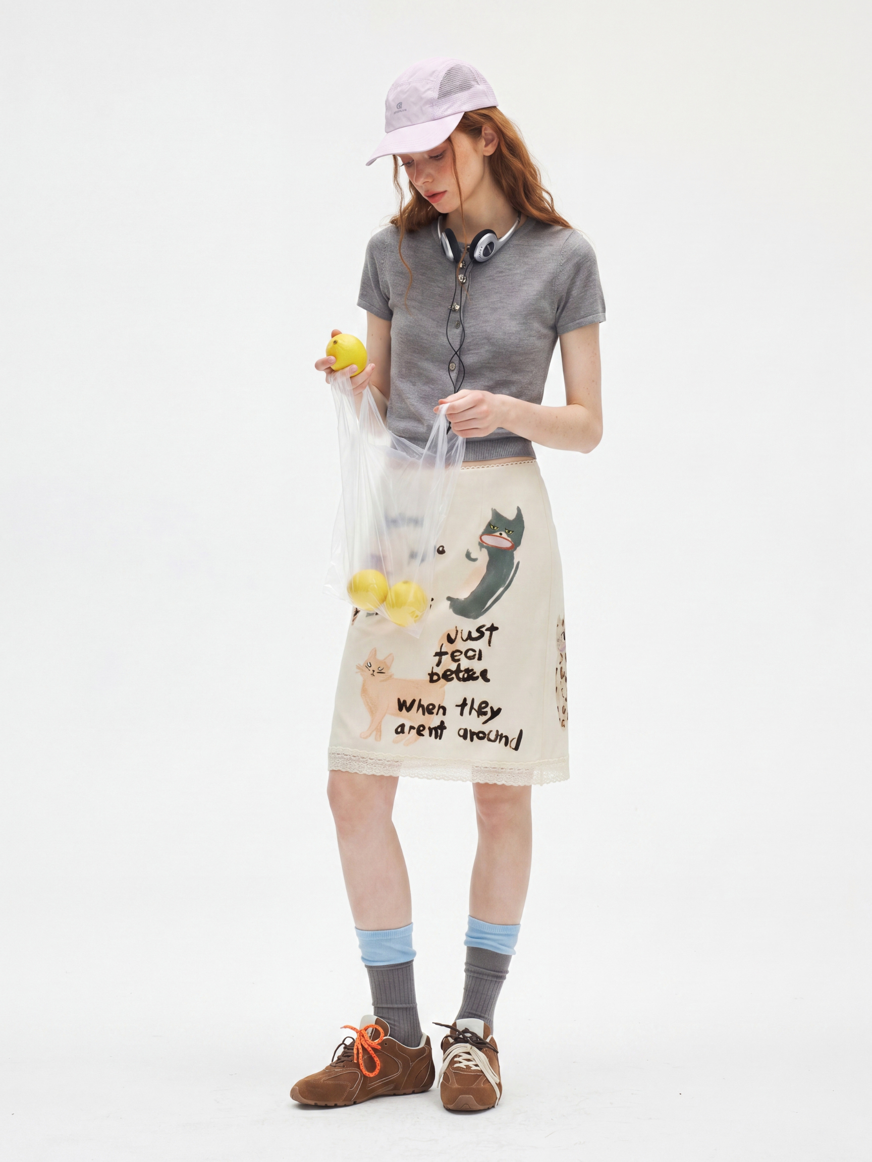 LadyBug - Women's Cat Sketch Print Satin Lace Skirt