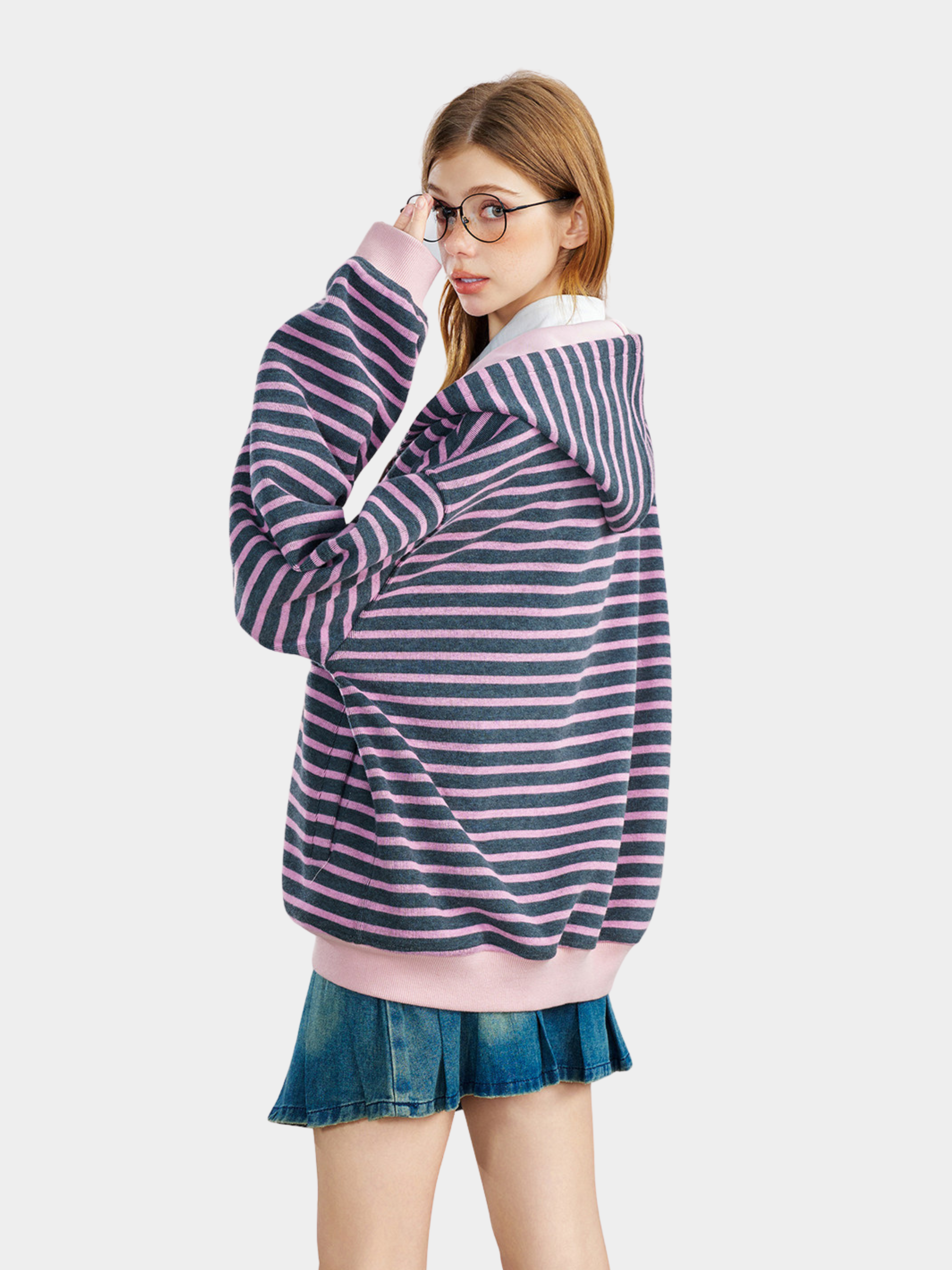 Ashrise - Unisex Striped Color-Block Hooded Zip-Up Sweatshirt