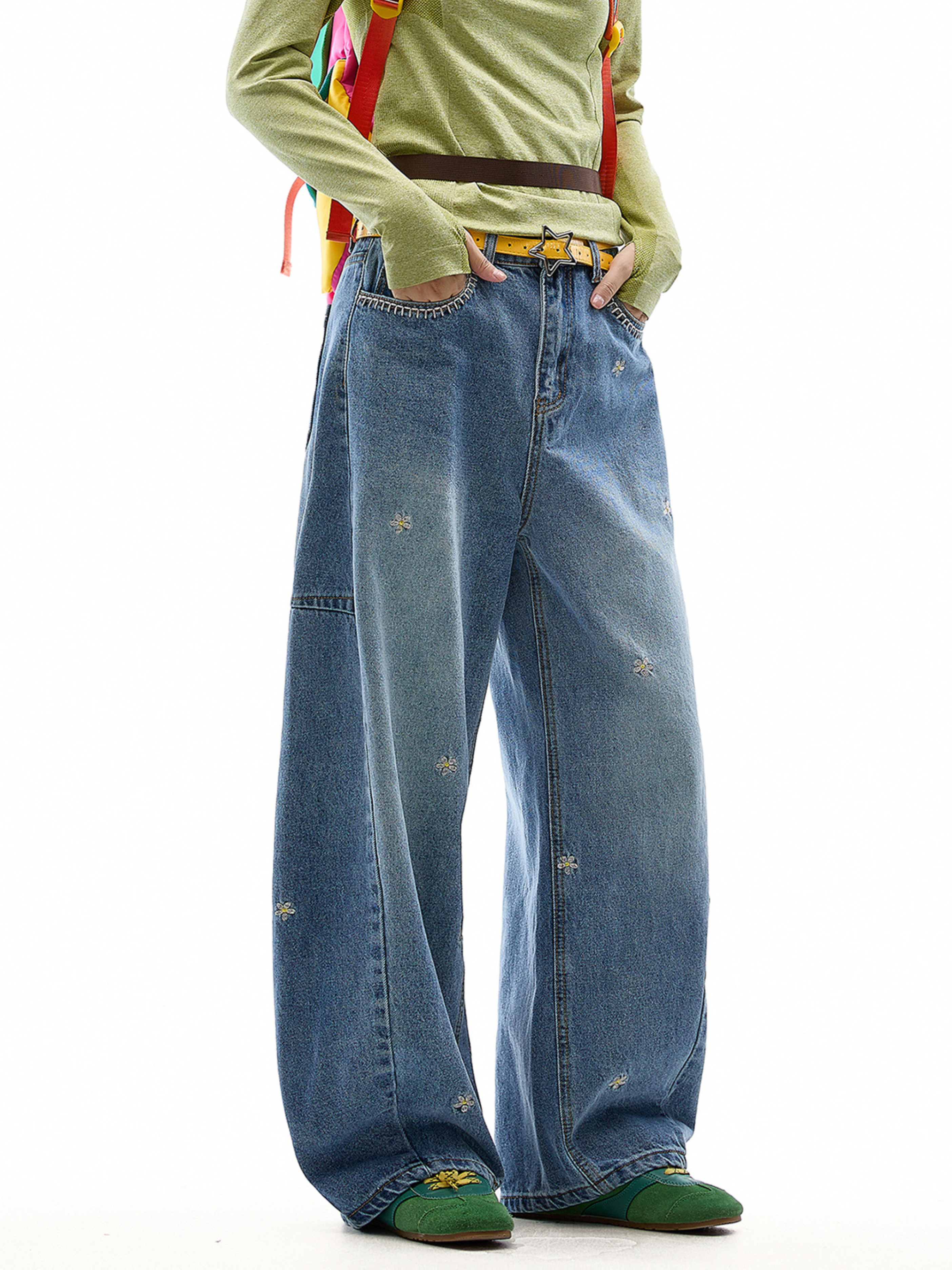 Wildheart - Women's Floral Embroidered Wide-Leg Washed Jeans