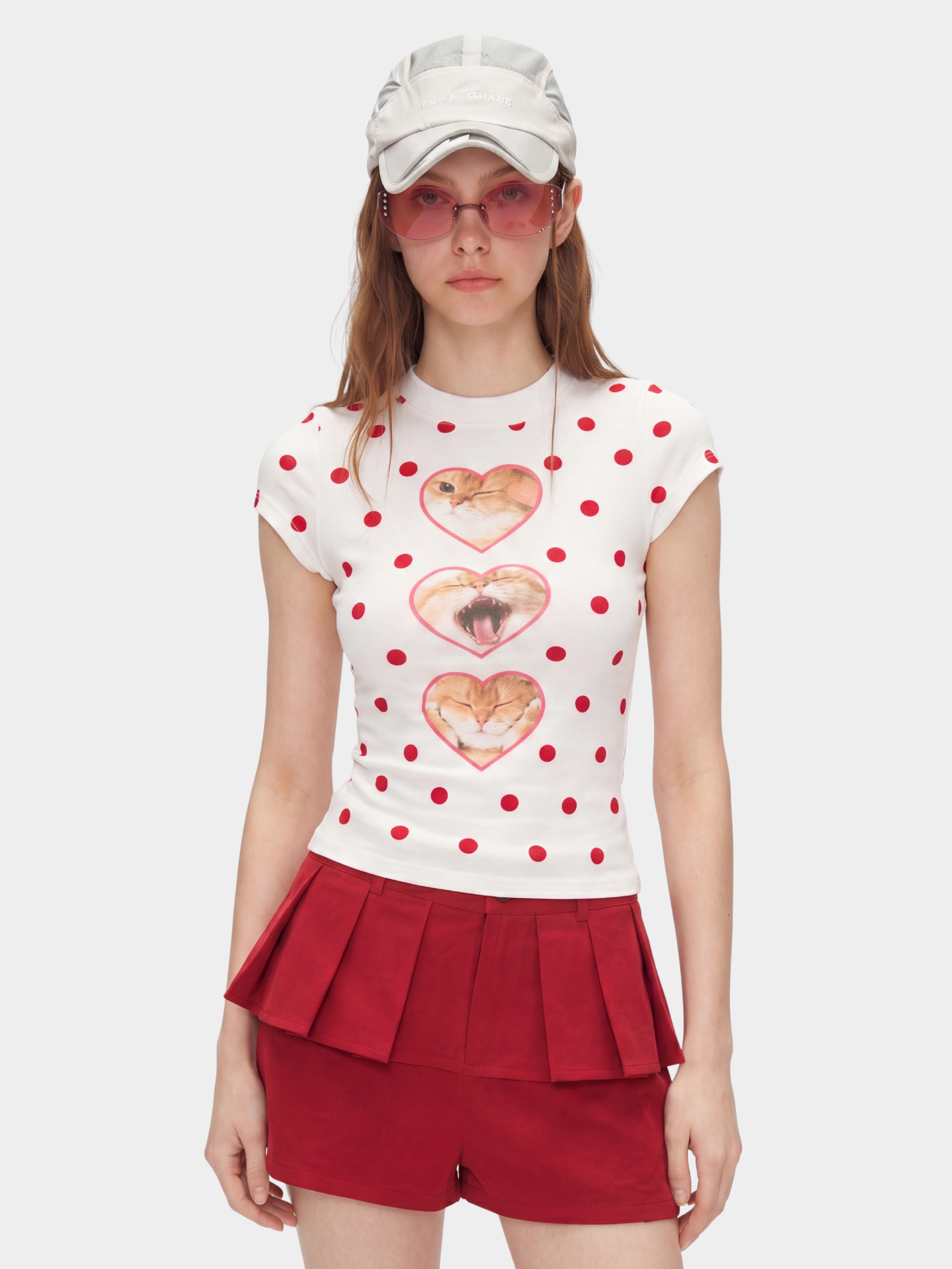 PopTart - Women's Polka Dot Cat Print Fitted Cropped T-Shirt