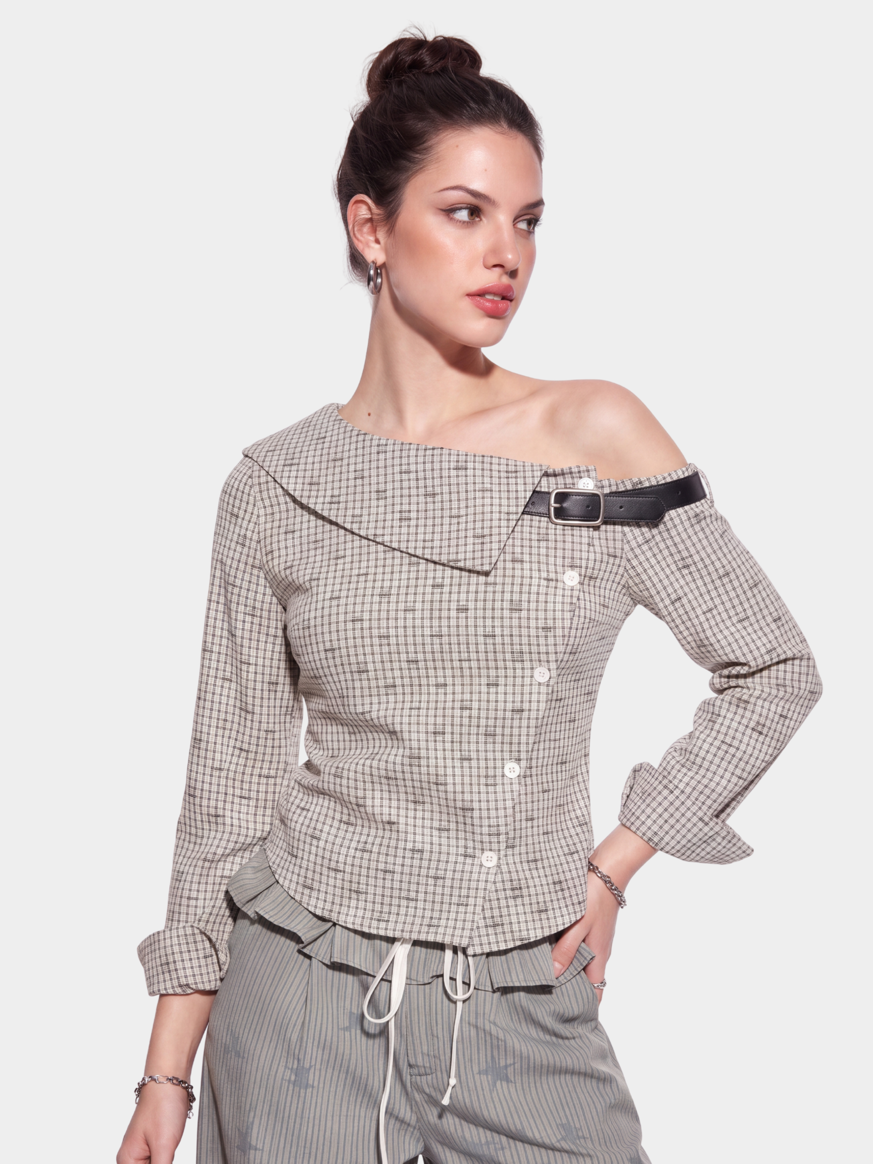 Tartan - Women's Plaid One-Shoulder Fitted Cotton Top