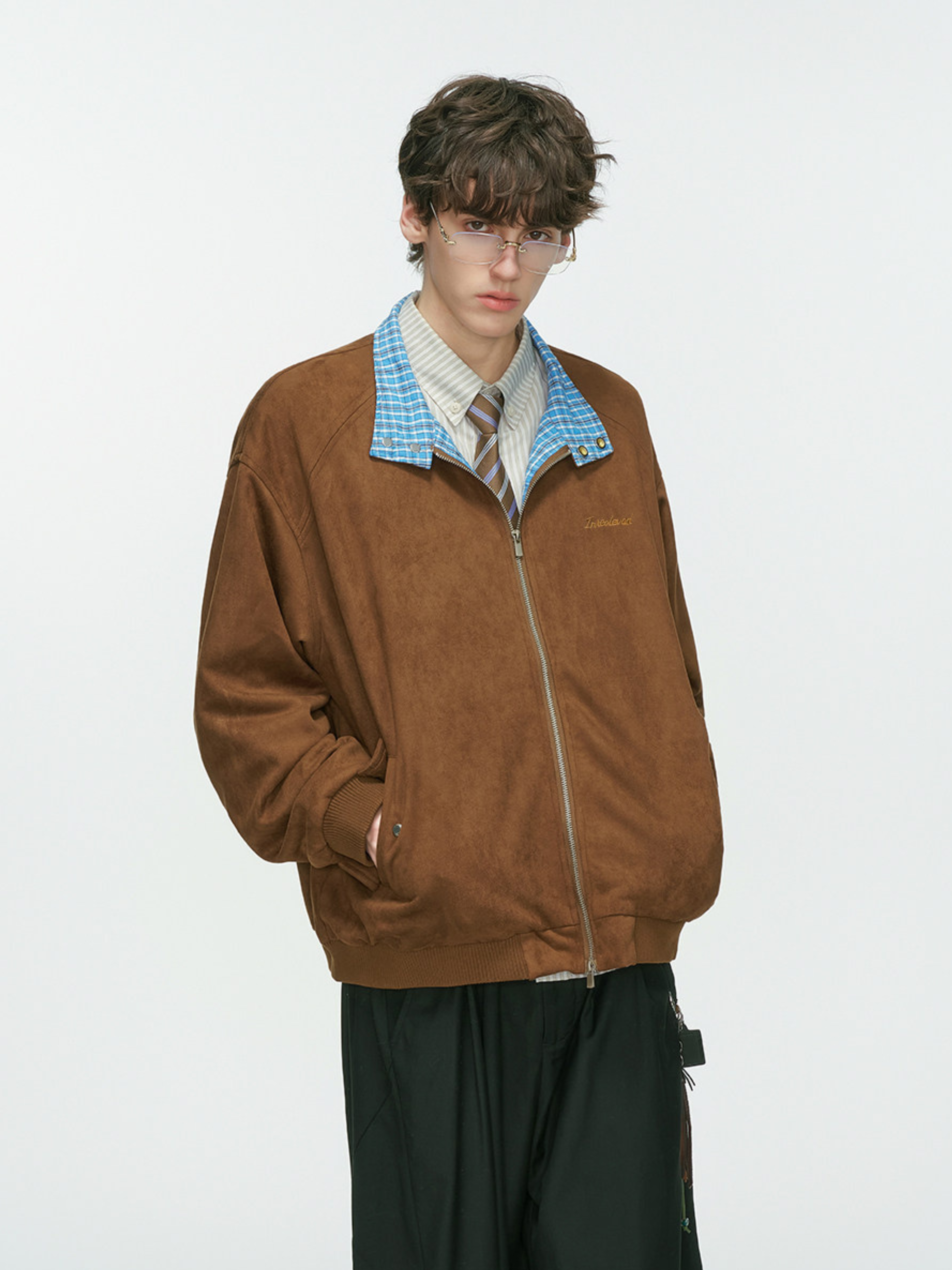 Cougarsong - Men's Check Panel Faux Suede Jacket