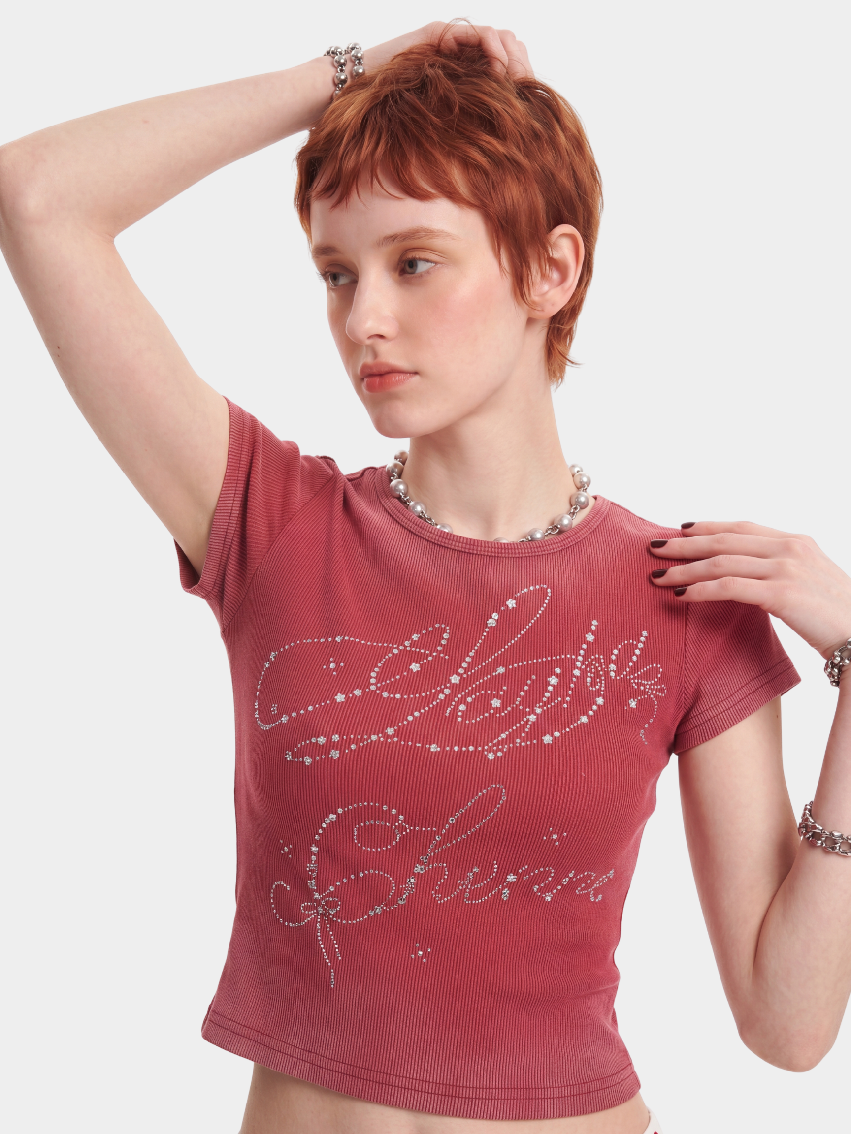 GlitzTee - Women's Gradient Washed Rhinestone Letter Crew Neck Top