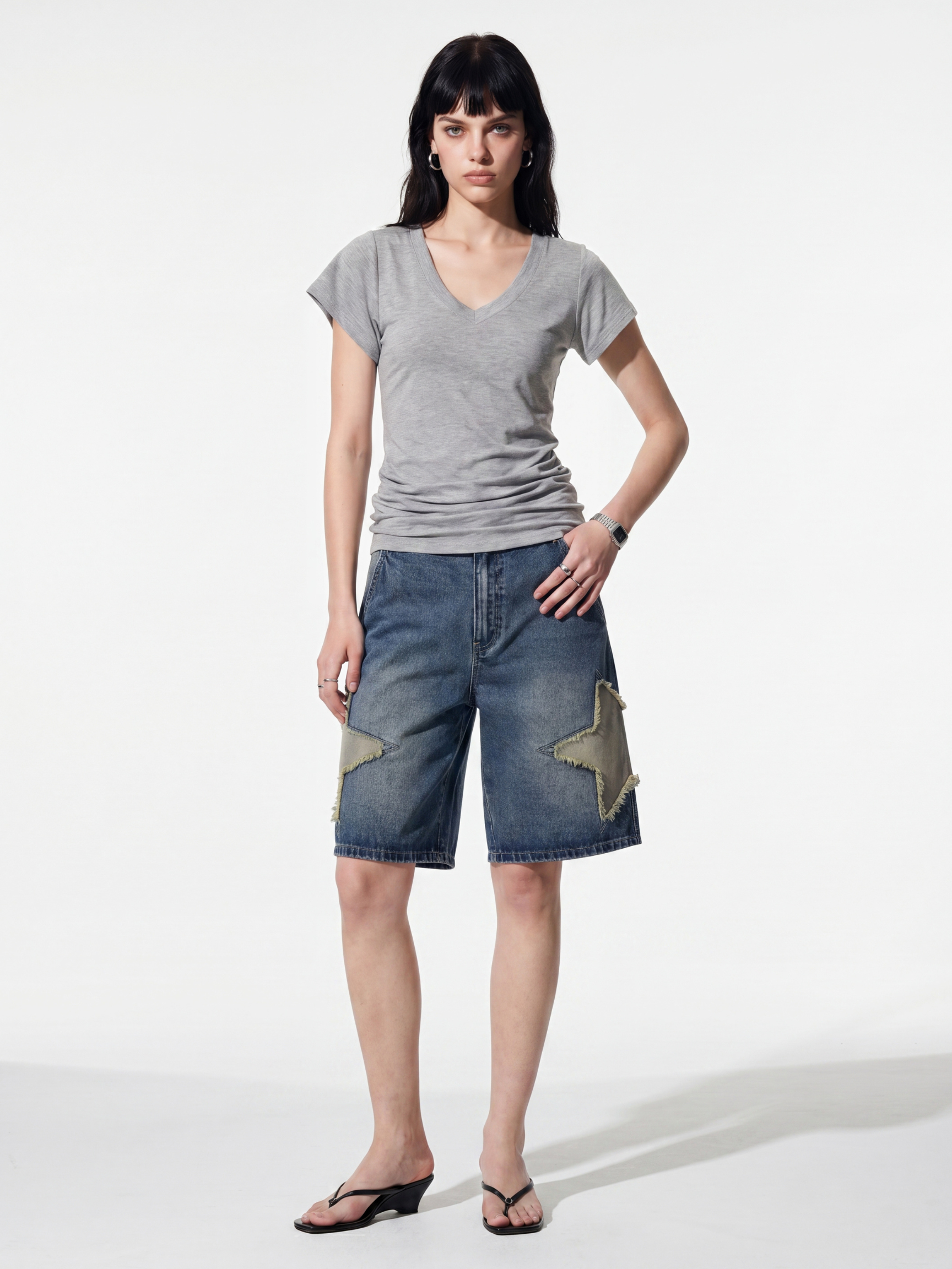 StarStitch - Women's Star Embroidered Denim Bermuda Shorts