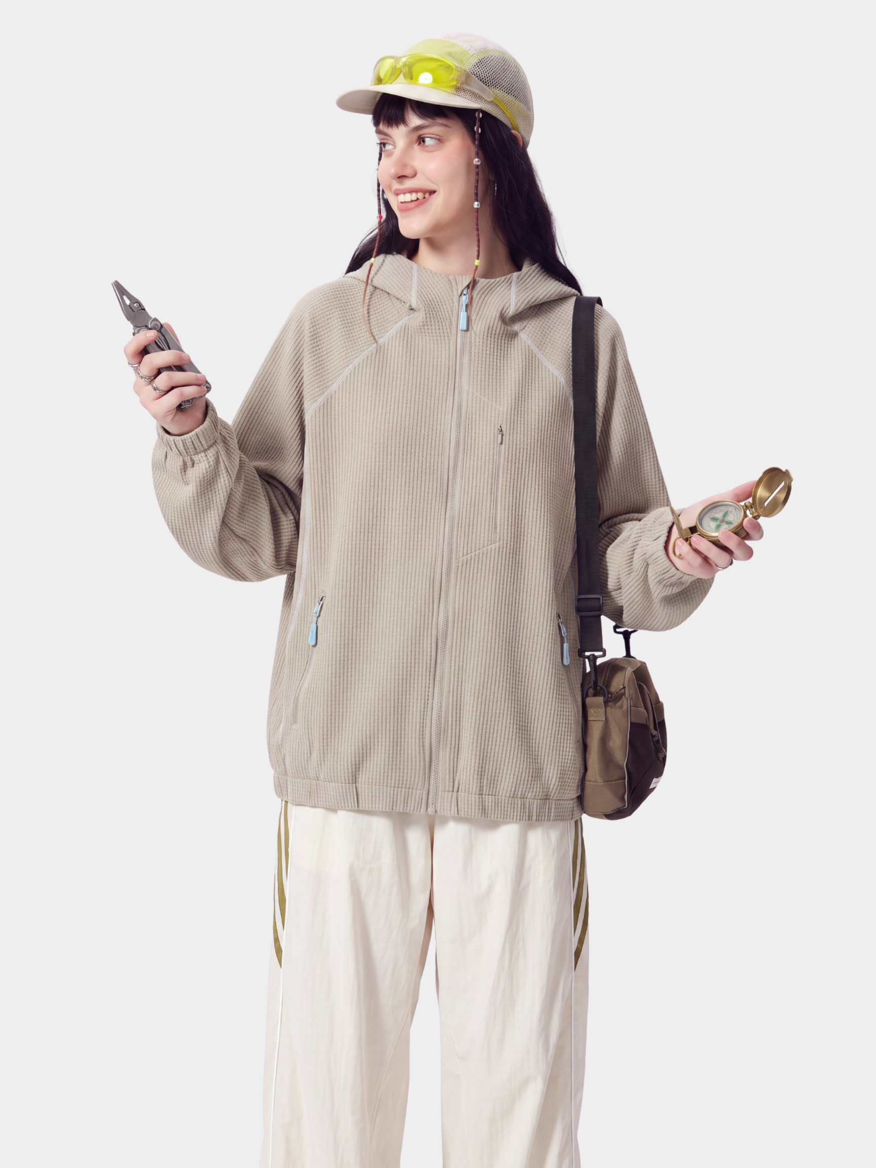SplitVeil - Unisex Waffle Texture Contrast Stitch Zip-Up Jacket