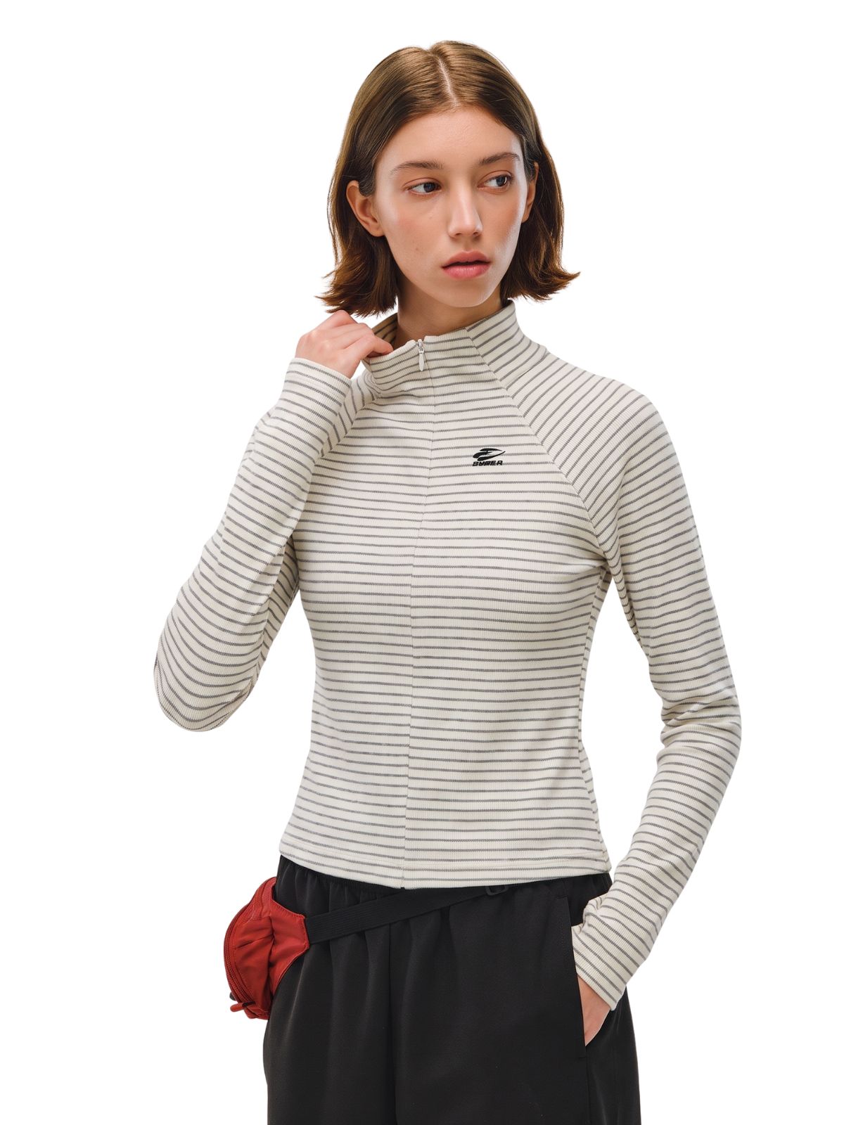 Cavebend - Women's Soft Striped Stand-Collar Slim-Fit Long-Sleeve