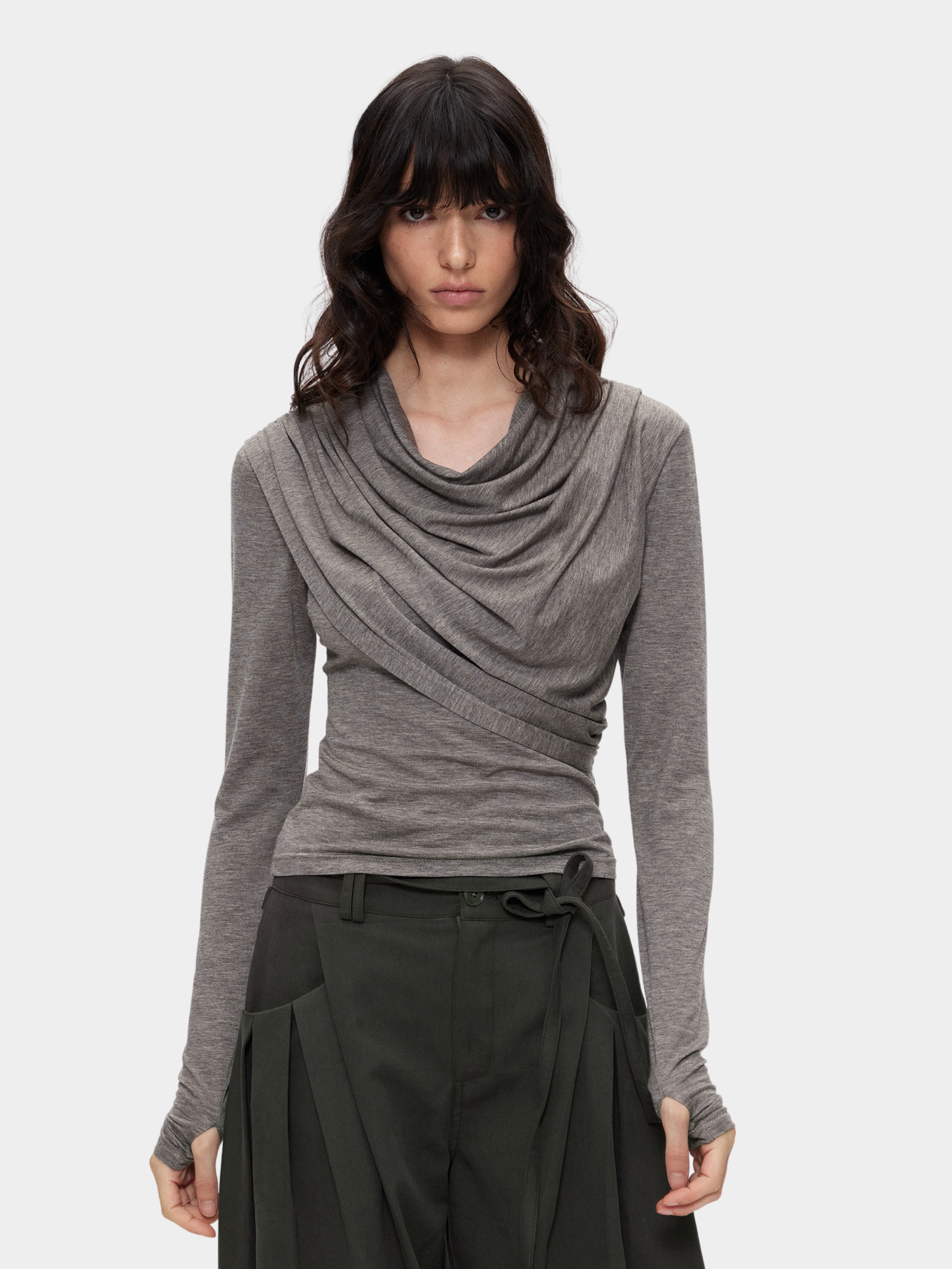 Ashfall - Women's TENCEL™ Wool Asymmetrical Cowl-Neck Long Sleeve