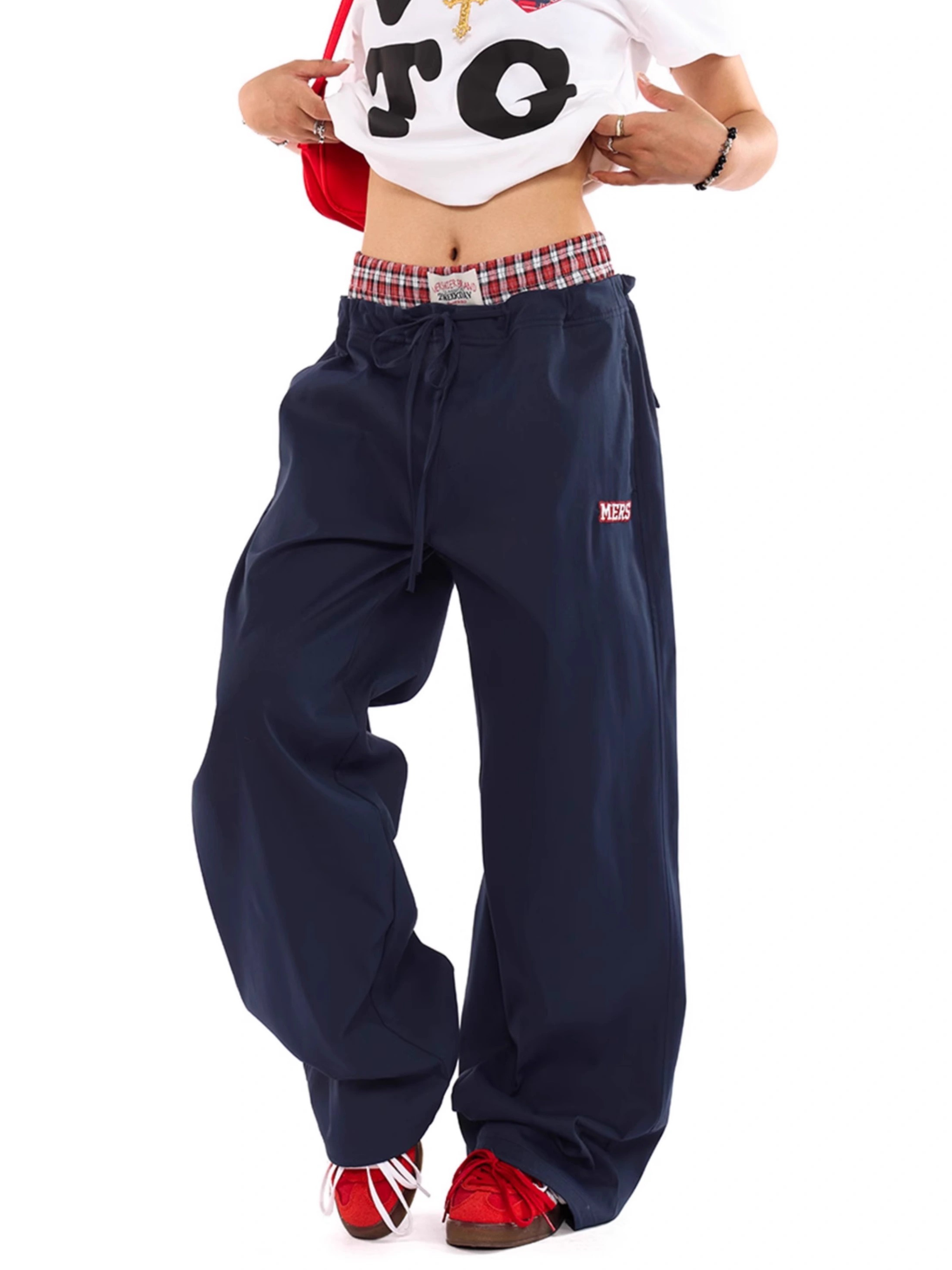 StoneTote - Women's Color-Block Checkered Drawstring Work Pants