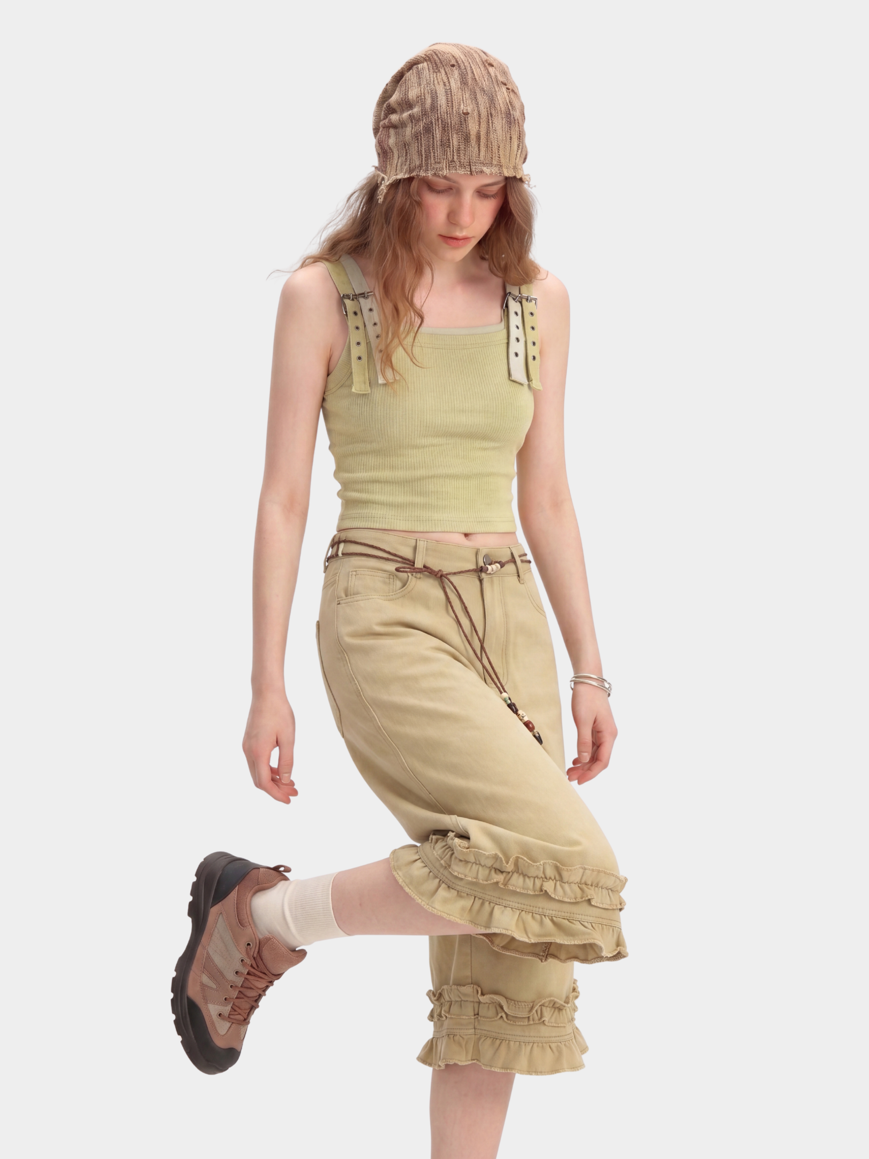 SatinFlow - Women's Adjustable Strap Two-Layer Look Cropped Tank Top