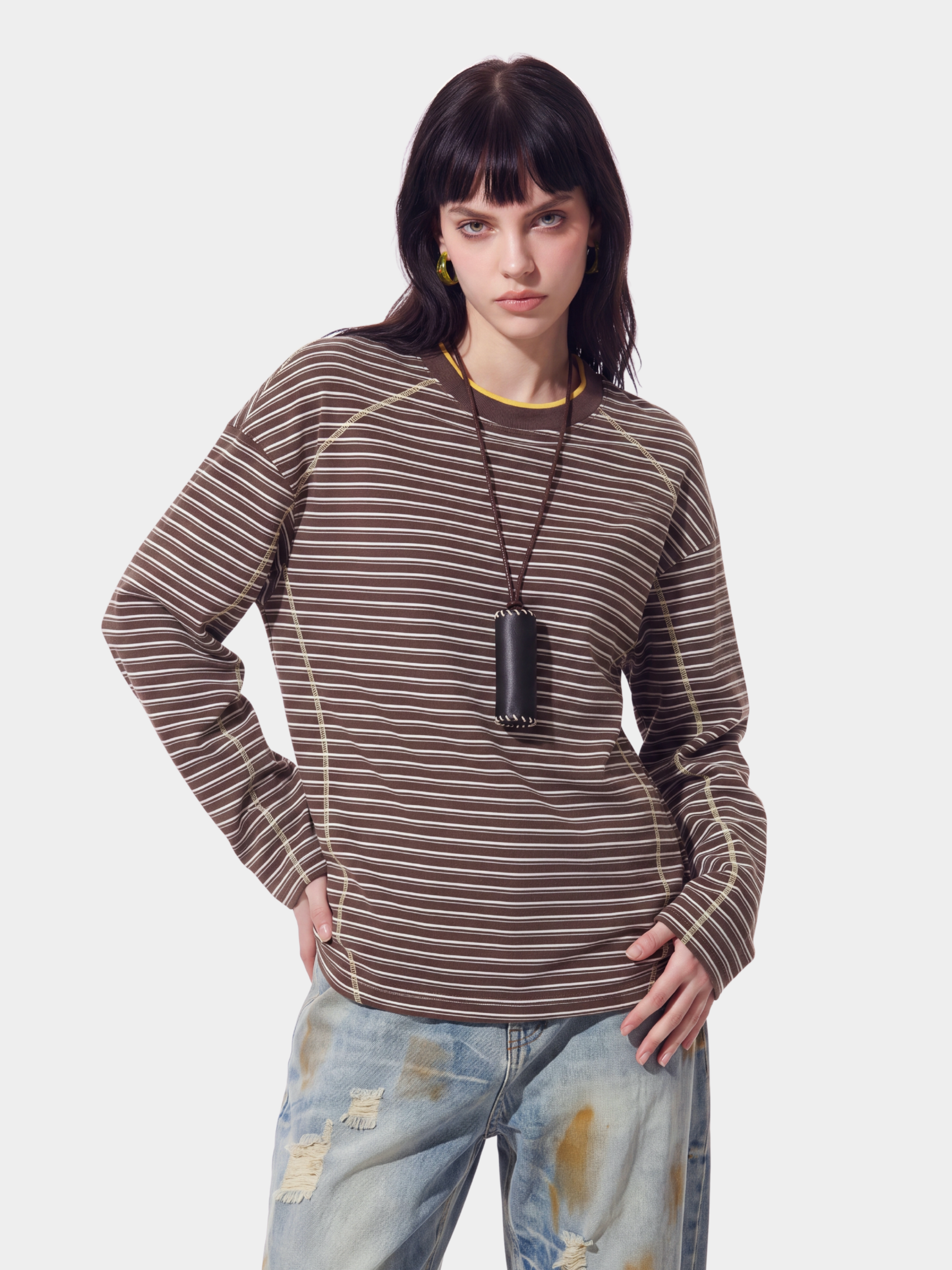 DualDrift - Color-Block Striped Crew Neck T-Shirt