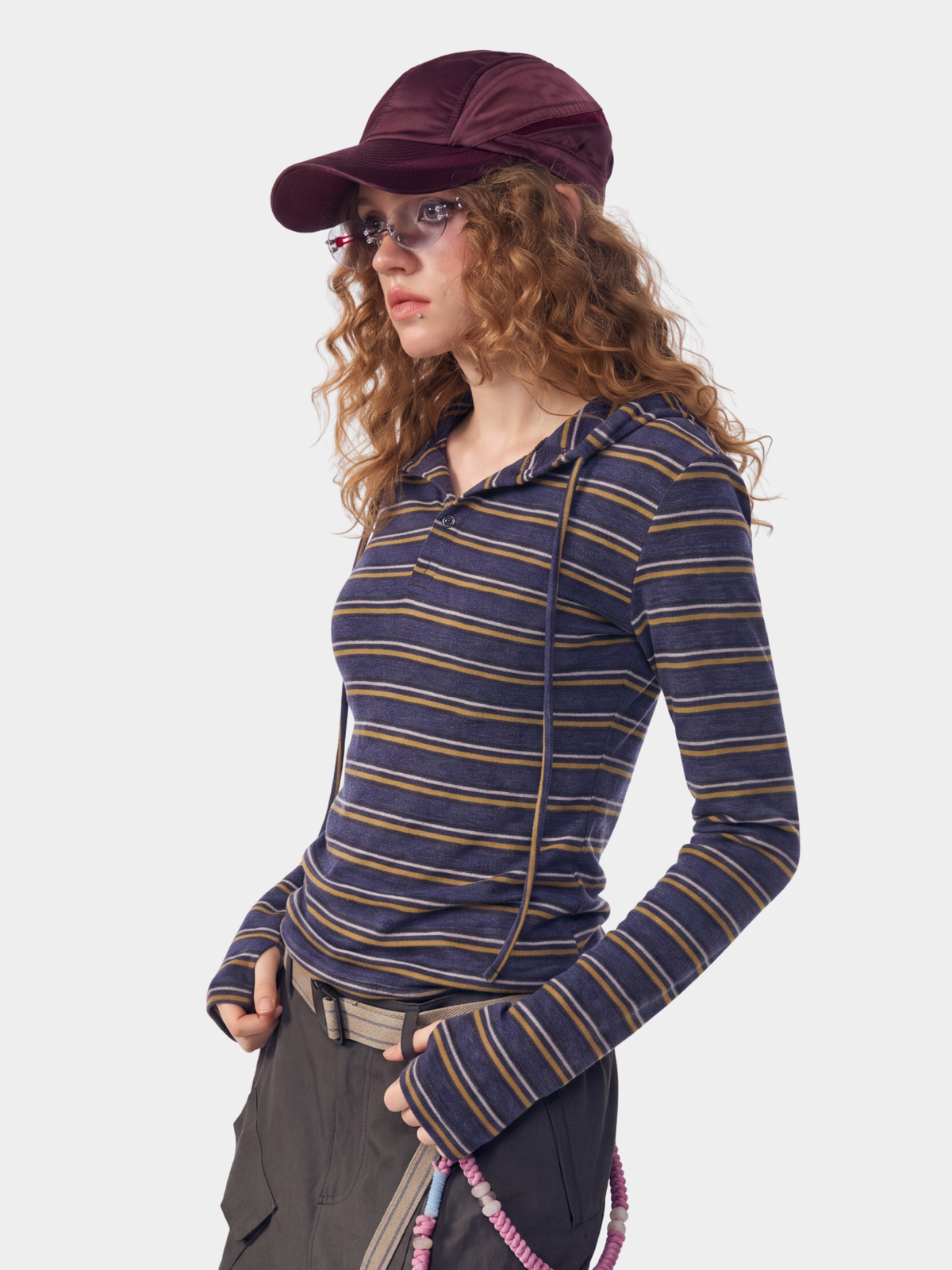 HueDrift - Women's Striped Slim Fit Hooded Base Layer Top