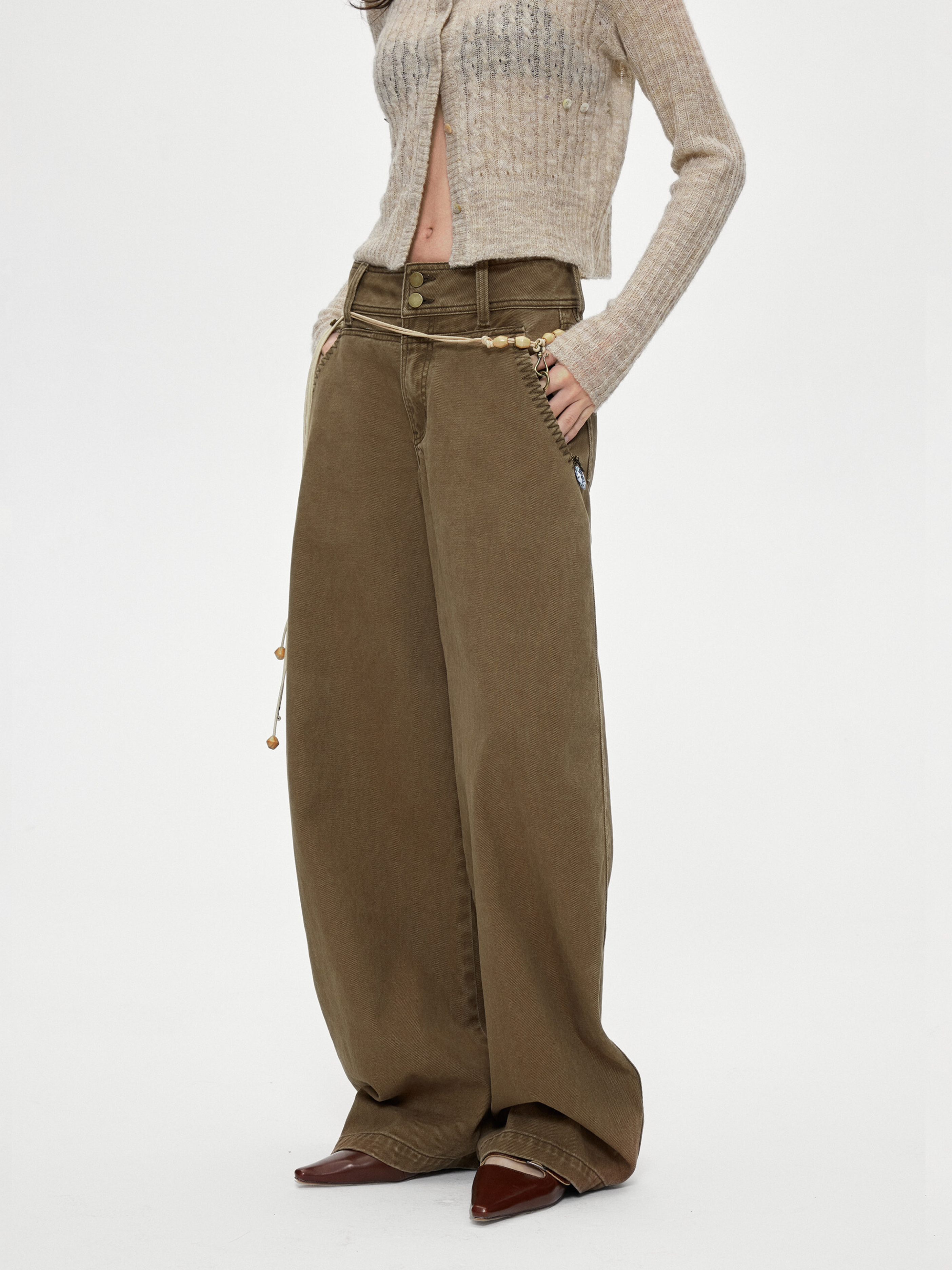 Ashgap - Women's Dual-Button Twill Cotton Curved-Leg Pants