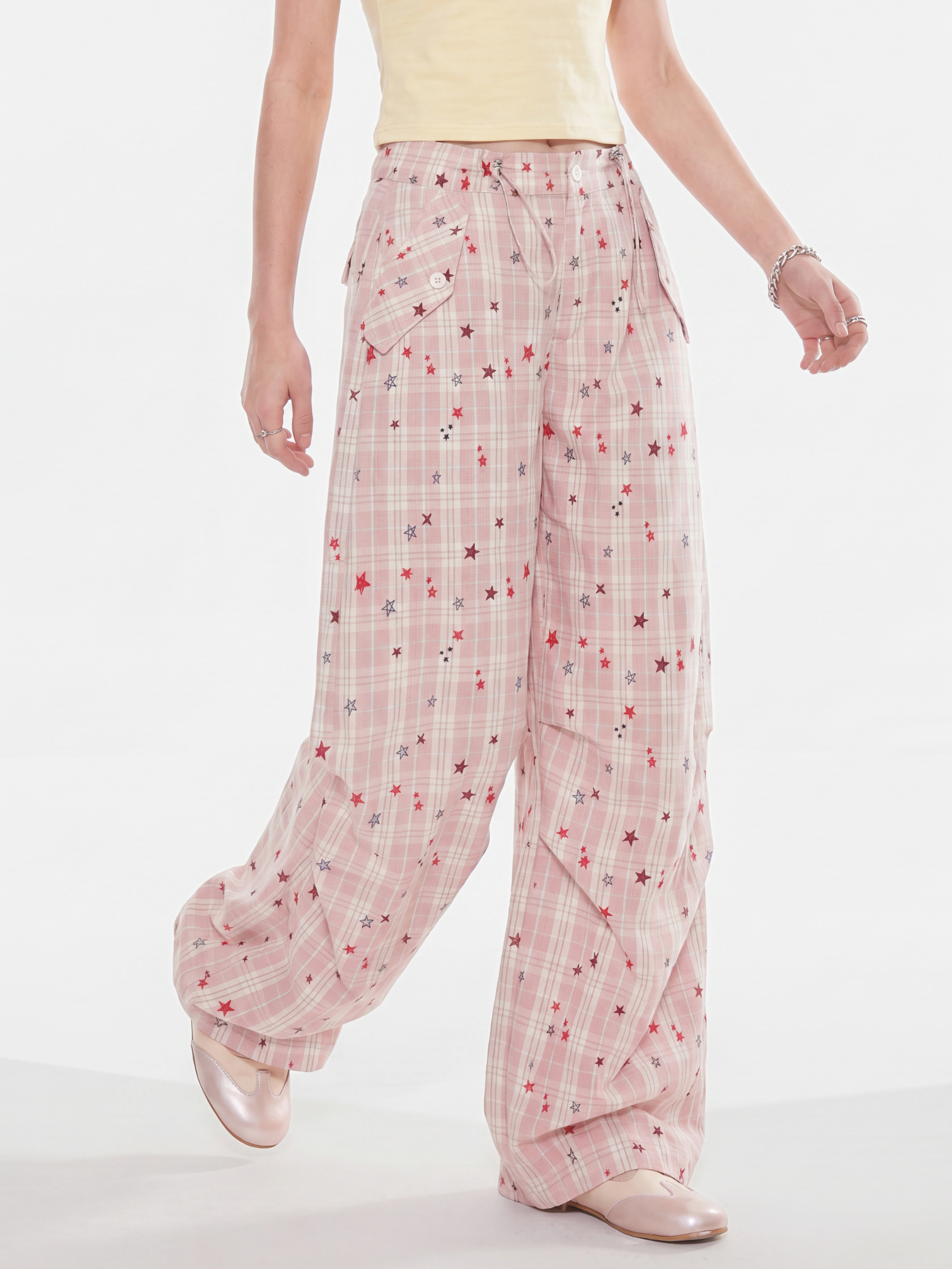 StarVeil - Women's Star Plaid Wide-Leg Curved Pants