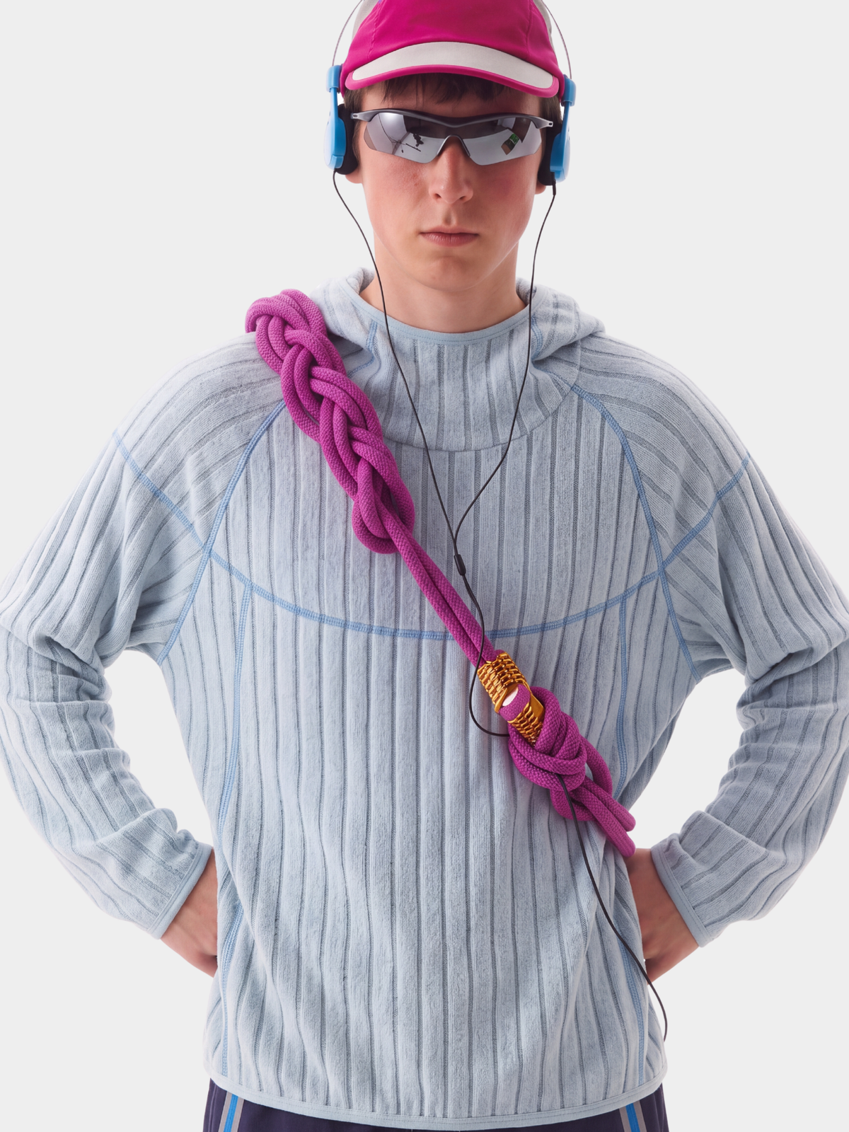 FlipHush - Textured Contrast-Stripe Hooded T-Shirt