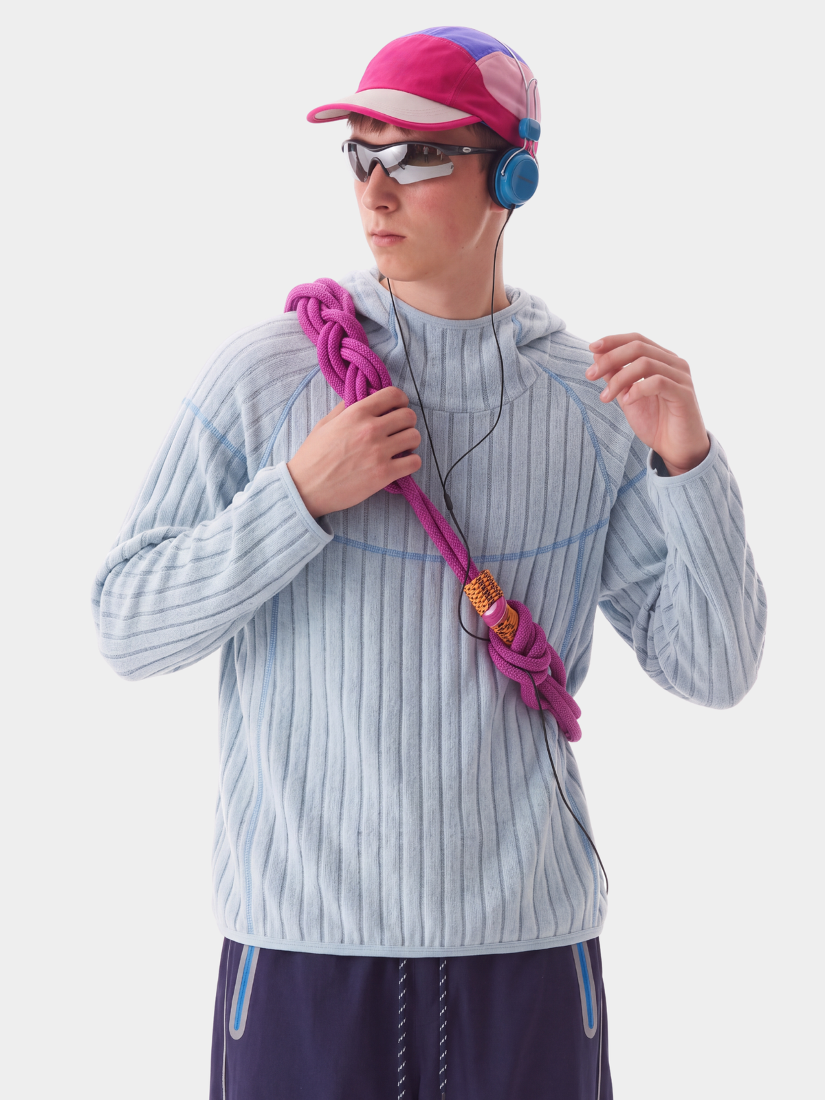 FlipHush - Textured Contrast-Stripe Hooded T-Shirt