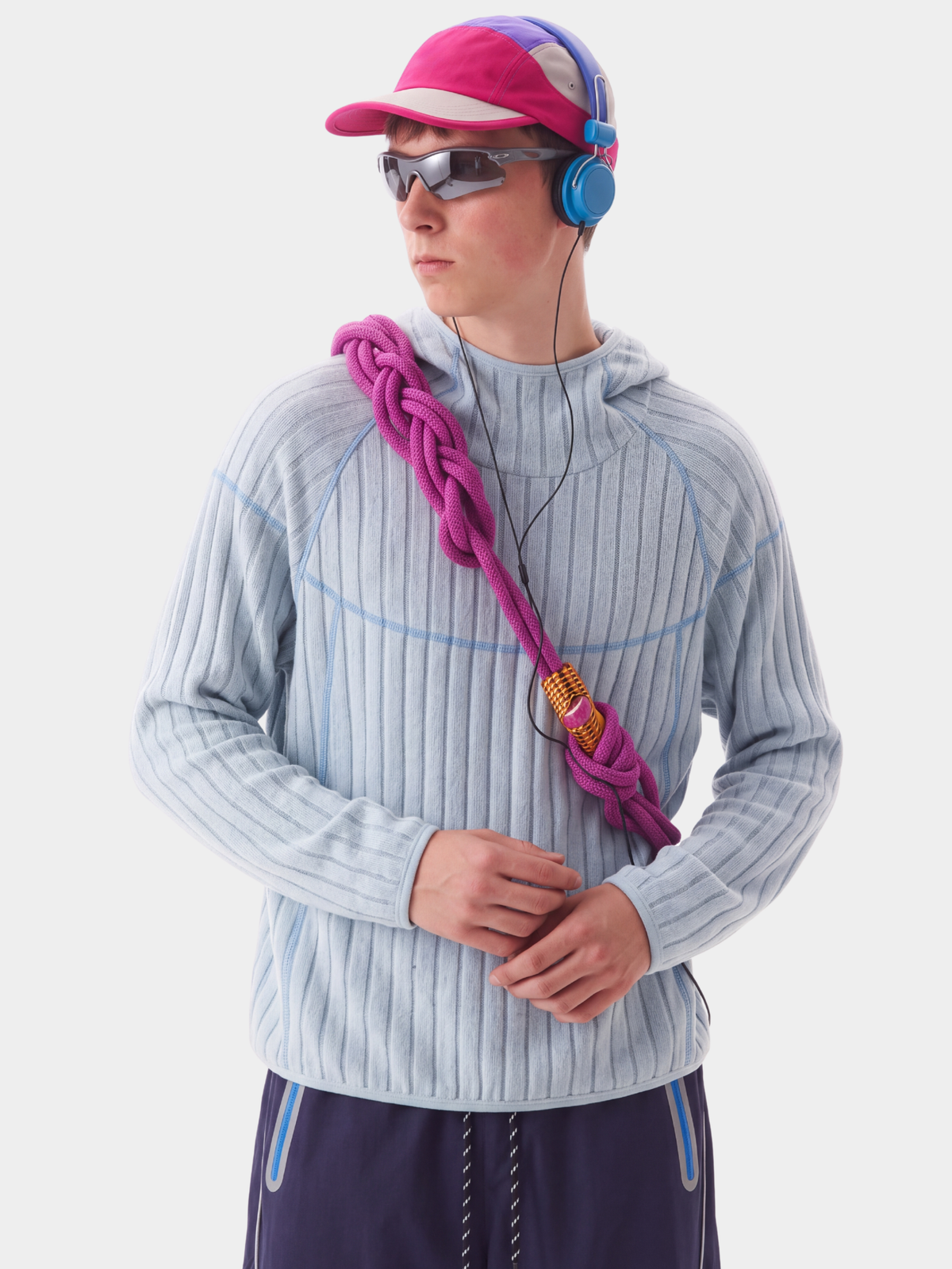FlipHush - Textured Contrast-Stripe Hooded T-Shirt