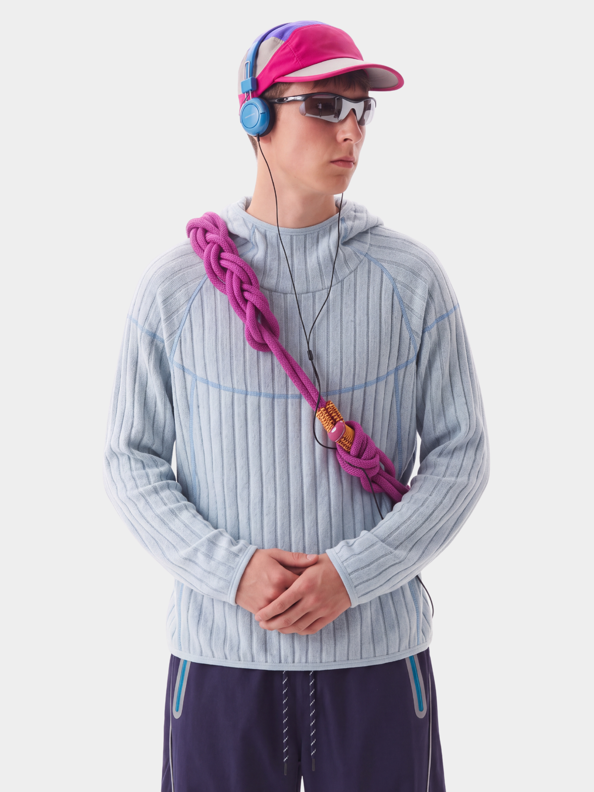 FlipHush - Textured Contrast-Stripe Hooded T-Shirt