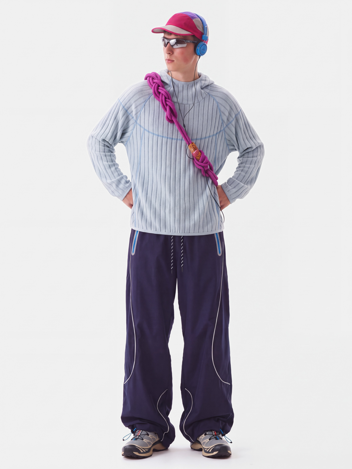 FlipHush - Textured Contrast-Stripe Hooded T-Shirt