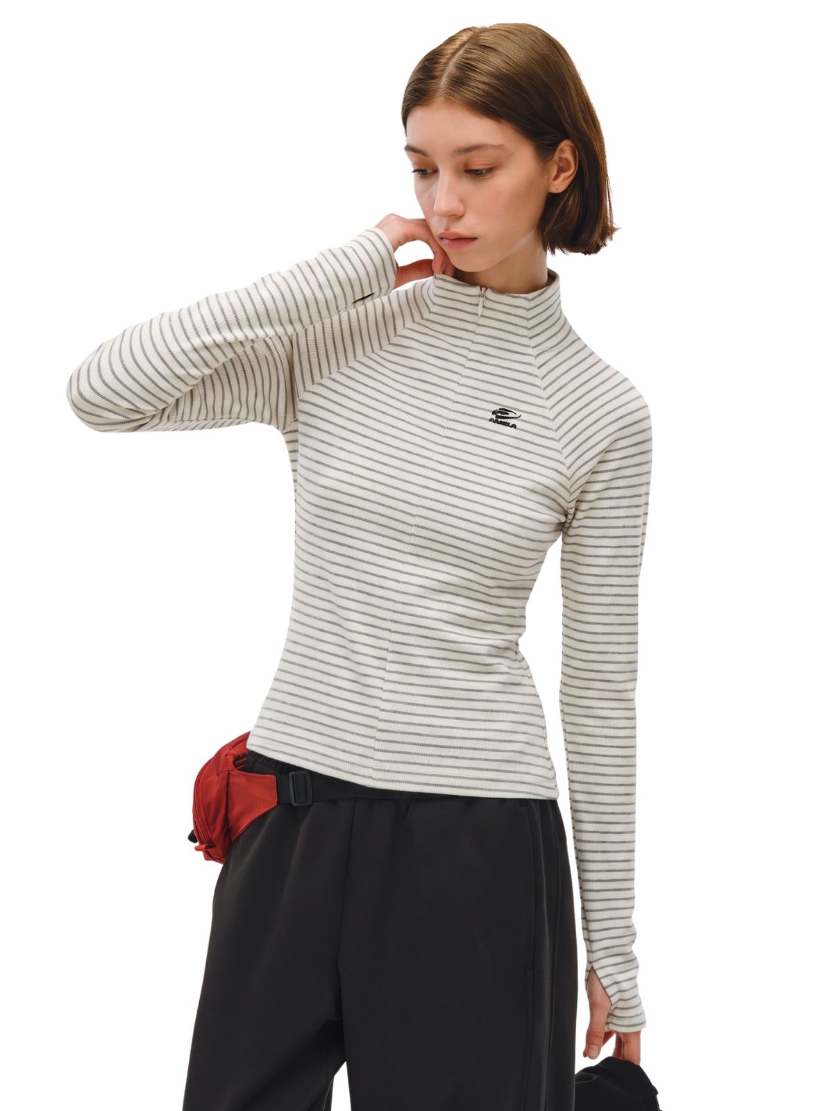 Cavebend - Women's Soft Striped Stand-Collar Slim-Fit Long-Sleeve