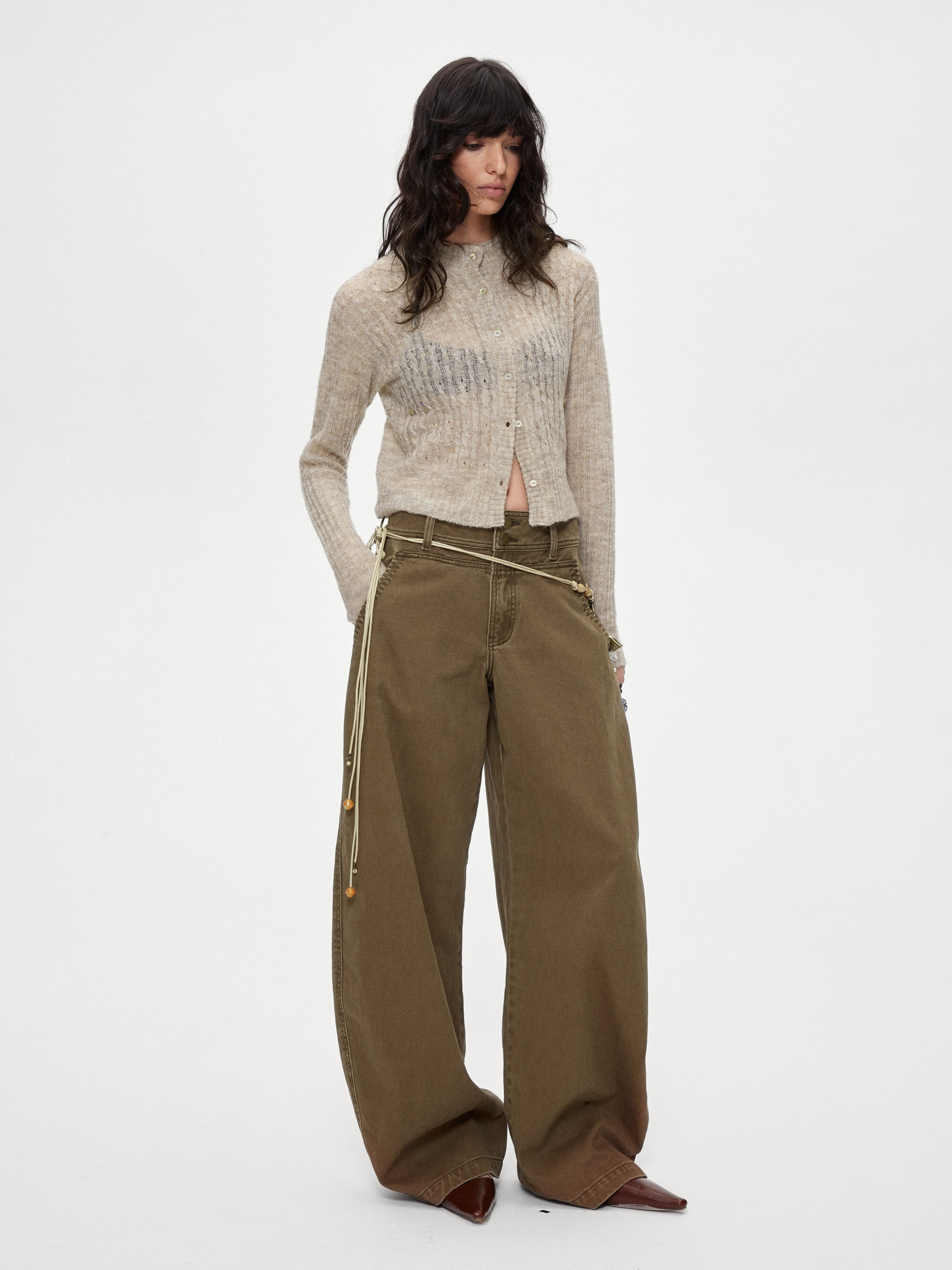 Ashgap - Women's Dual-Button Twill Cotton Curved-Leg Pants