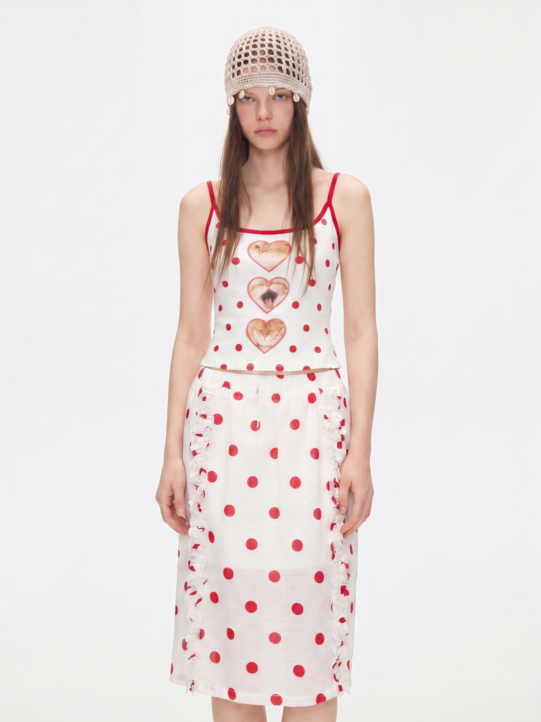SugarRush - Women's Polka Dot Cat Print Cropped Tank Top